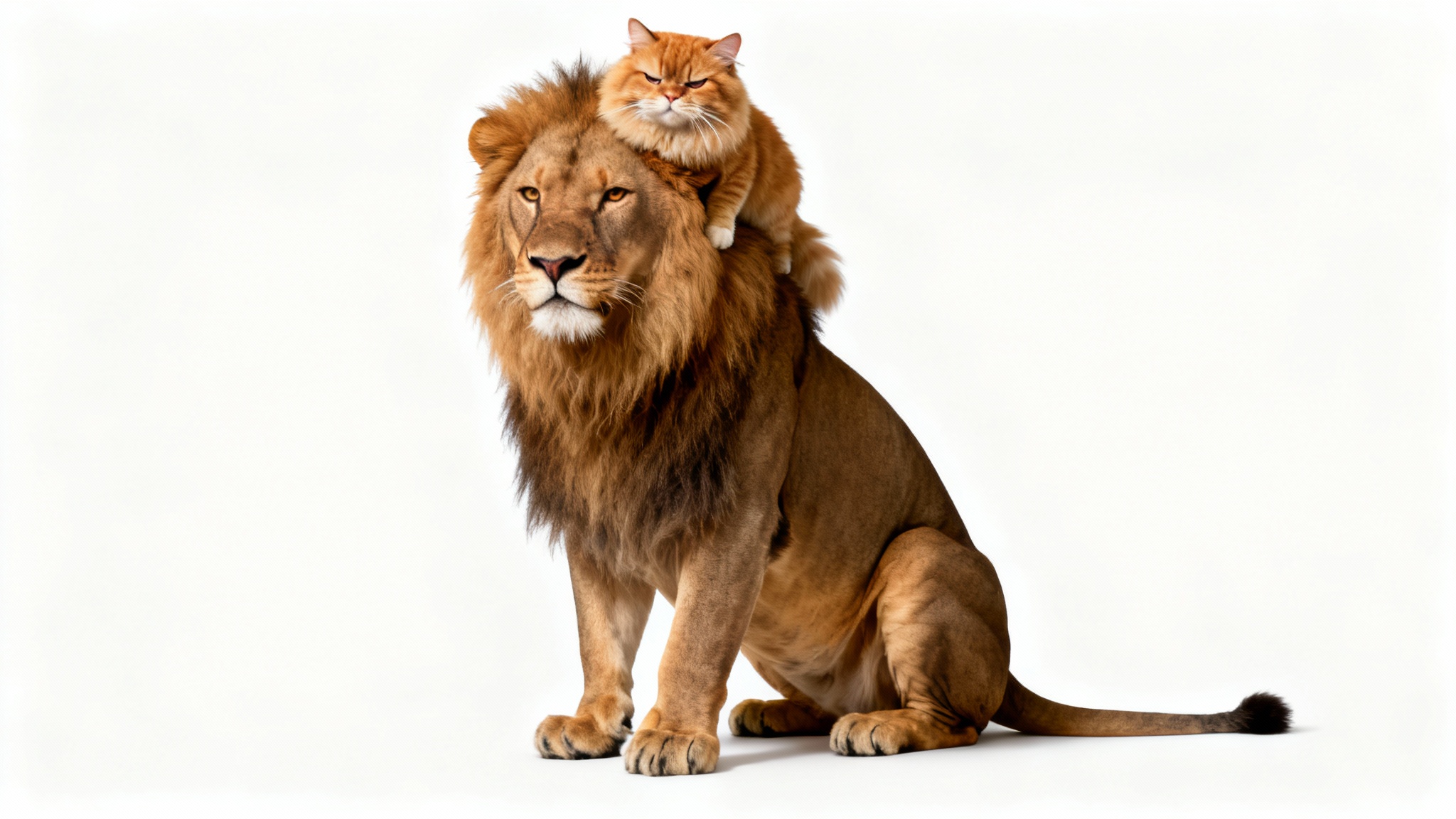A humorous and photorealistic image showcasing a head swap: a grumpy ginger cat's head is seamlessly placed on the majestic body of a lion, set against a plain white background.