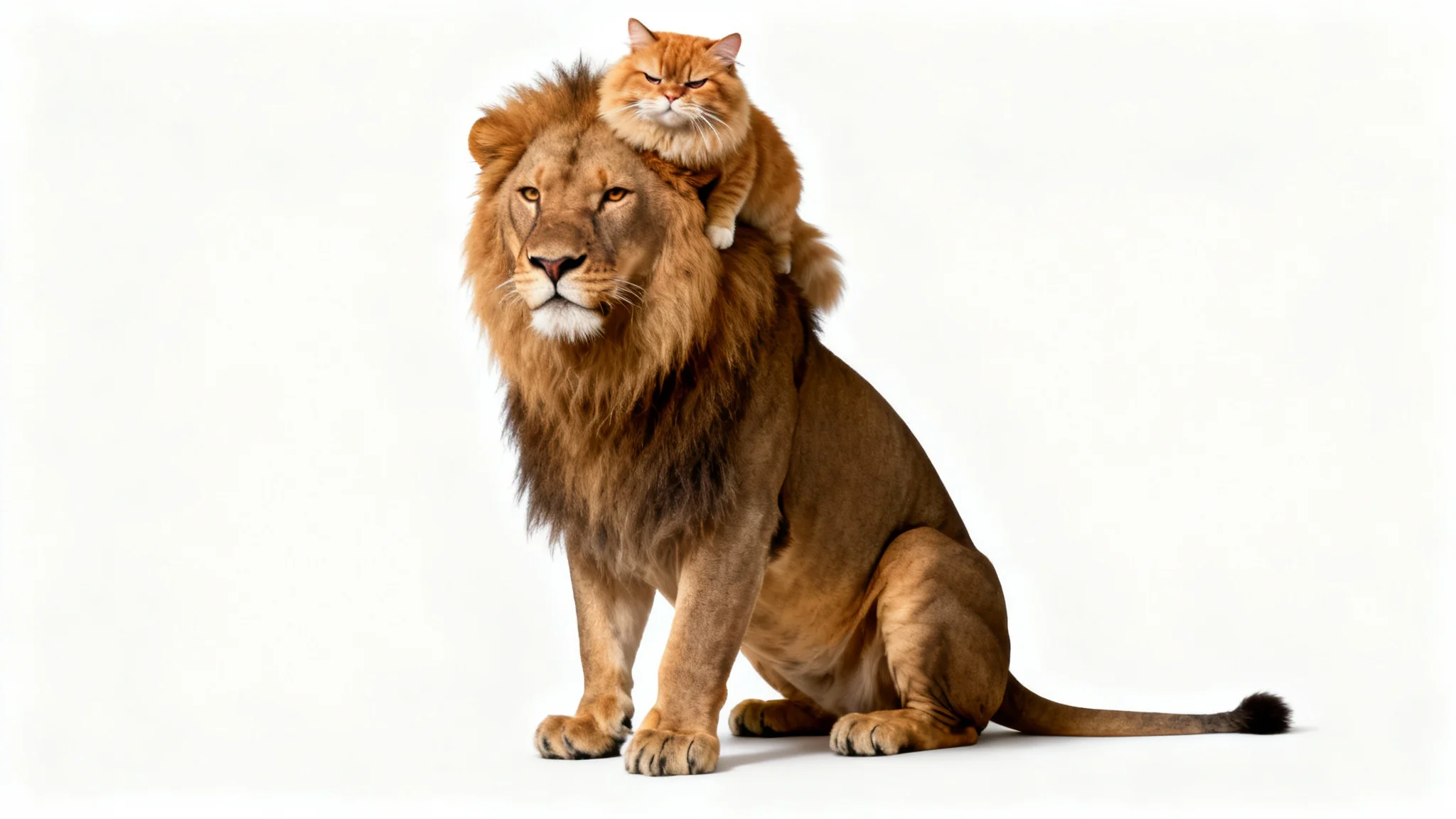 A humorous and photorealistic image showcasing a head swap: a grumpy ginger cat's head is seamlessly placed on the majestic body of a lion, set against a plain white background.