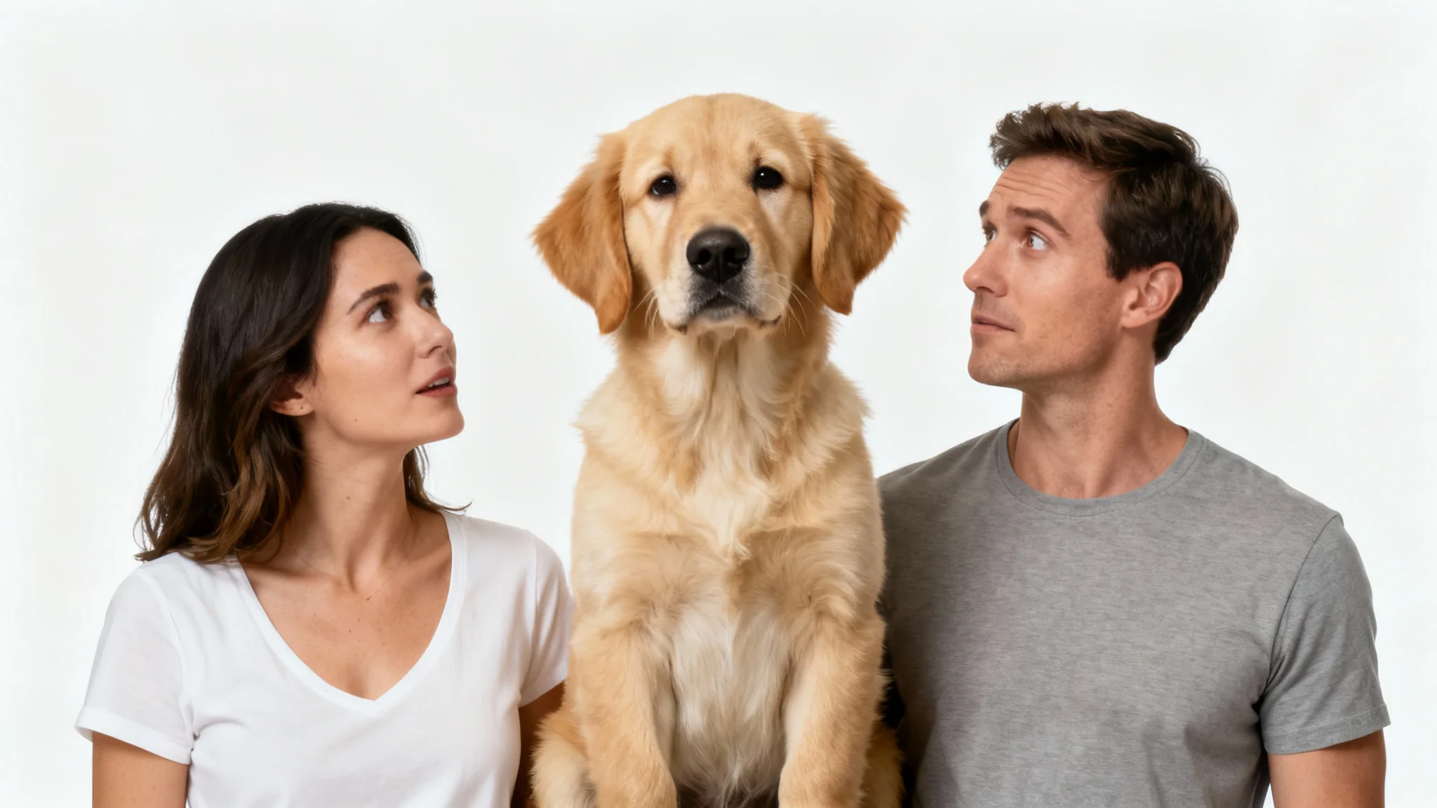 A funny studio portrait of a man, a woman, and a dog, where the man's head has been swapped with the dog's head, set against a plain white background.
