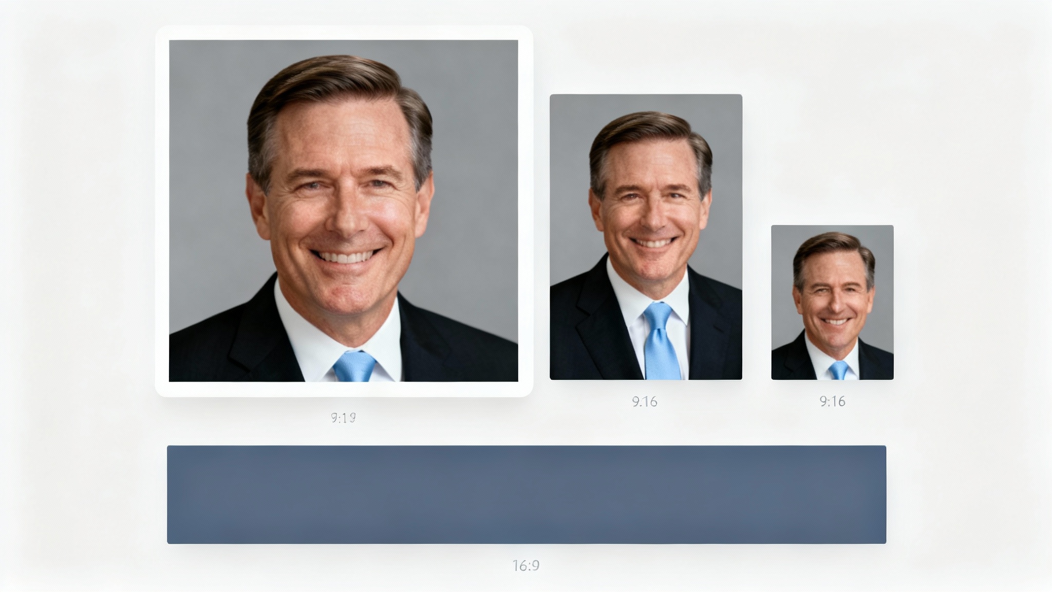 A demonstration of an image resizing tool, showing a single professional headshot of a man in a suit perfectly resized into square, vertical, and horizontal formats for different platforms.