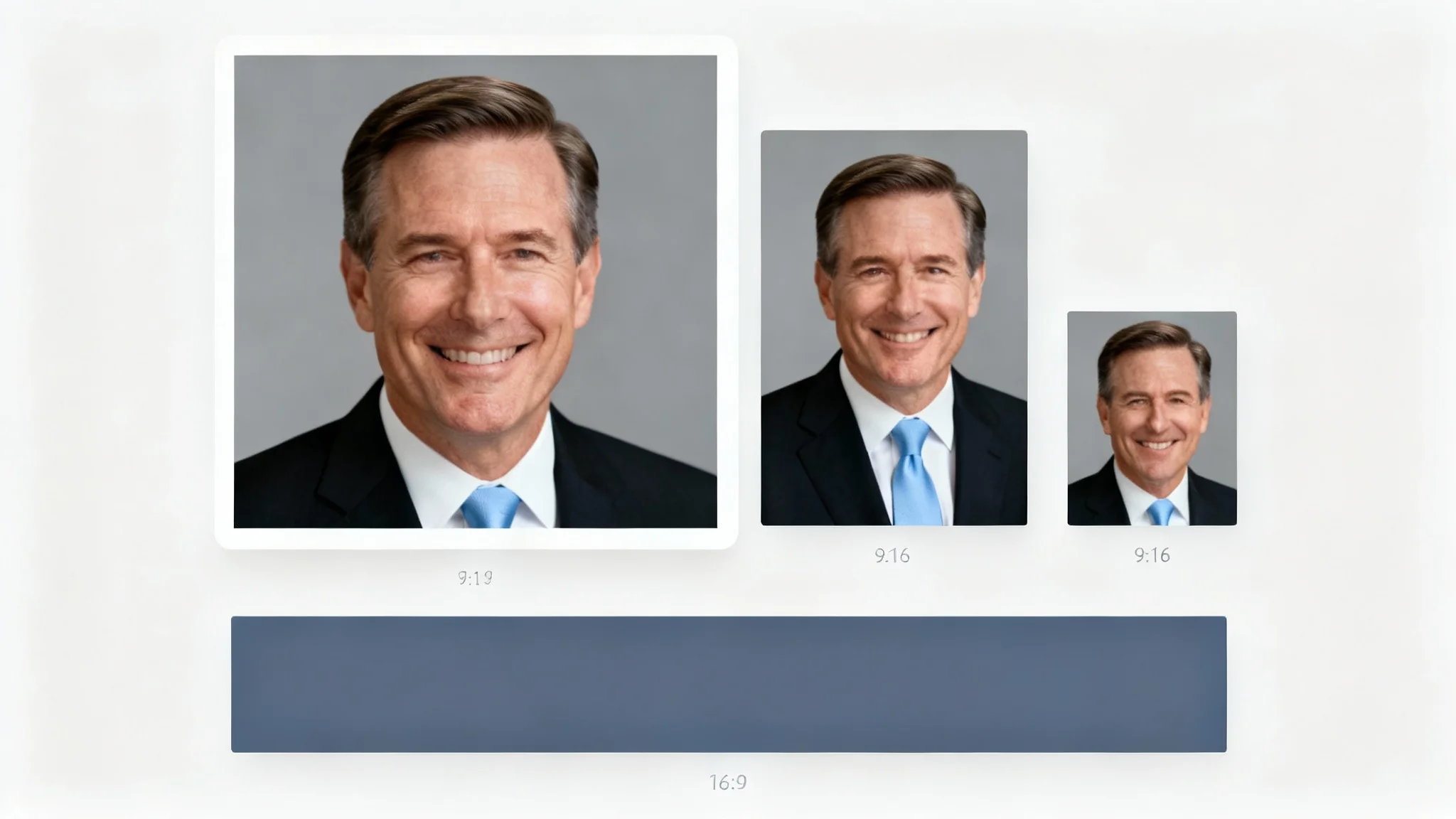 A demonstration of an image resizing tool, showing a single professional headshot of a man in a suit perfectly resized into square, vertical, and horizontal formats for different platforms.