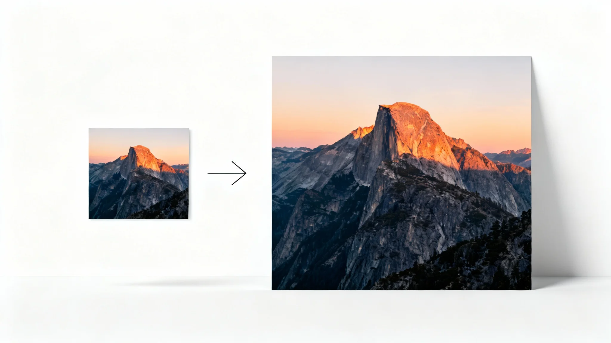 A visual representation of image resizing, showing a small photo of a mountain landscape next to a large version of the same photo, with an arrow pointing from the small to the large one, on a white background.