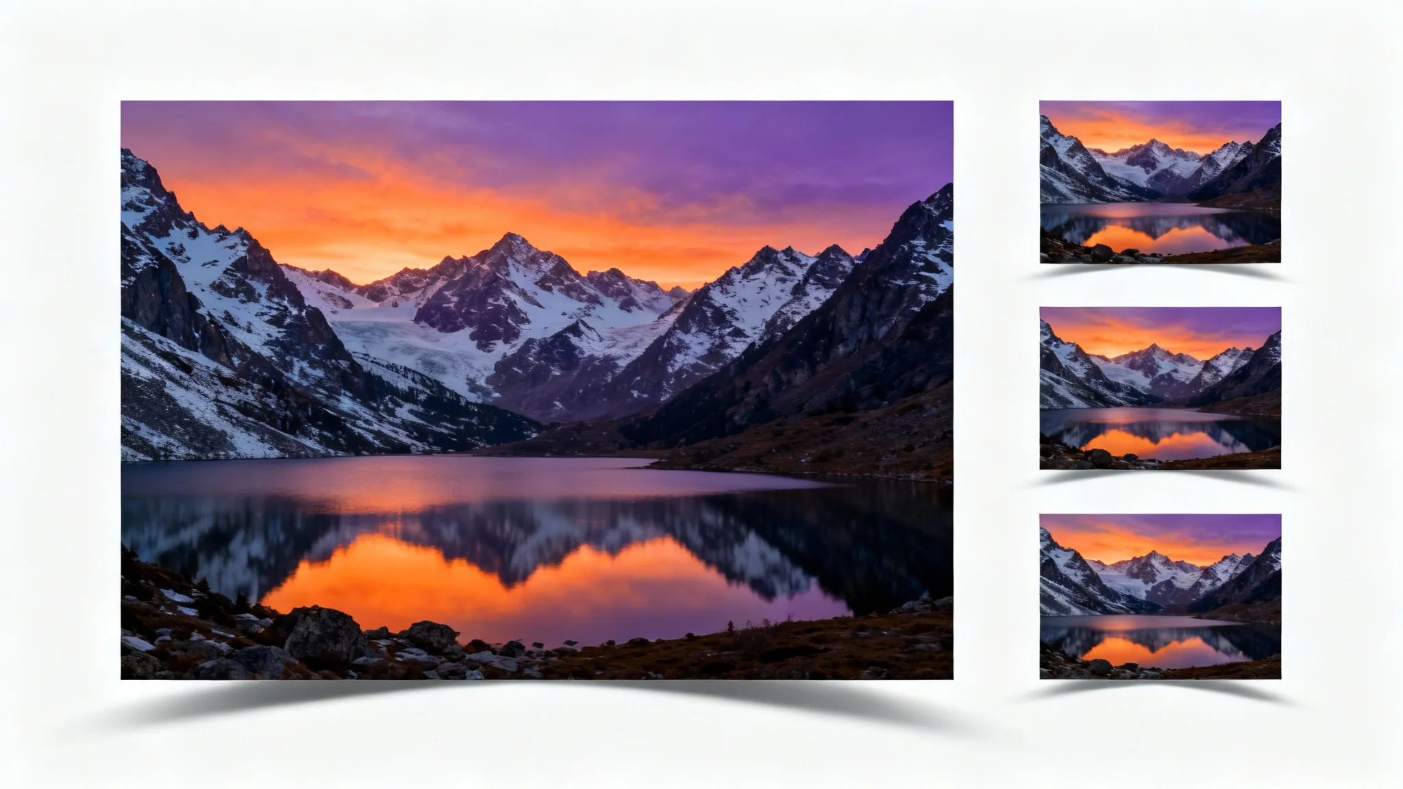 A conceptual illustration of image resizing, featuring a large photograph of a mountain range next to two smaller versions of the same image on a white background.