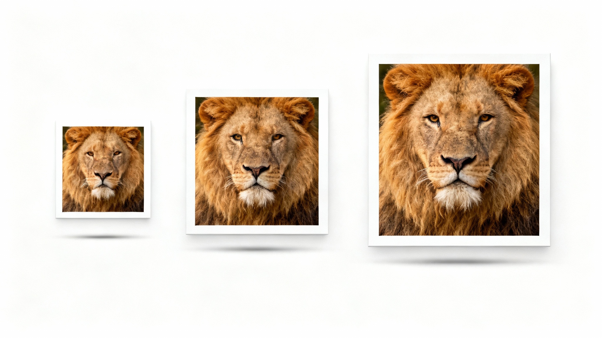 A visual mockup demonstrating image resizing, showing three photos of a lion's head arranged from smallest to largest on a clean white background.