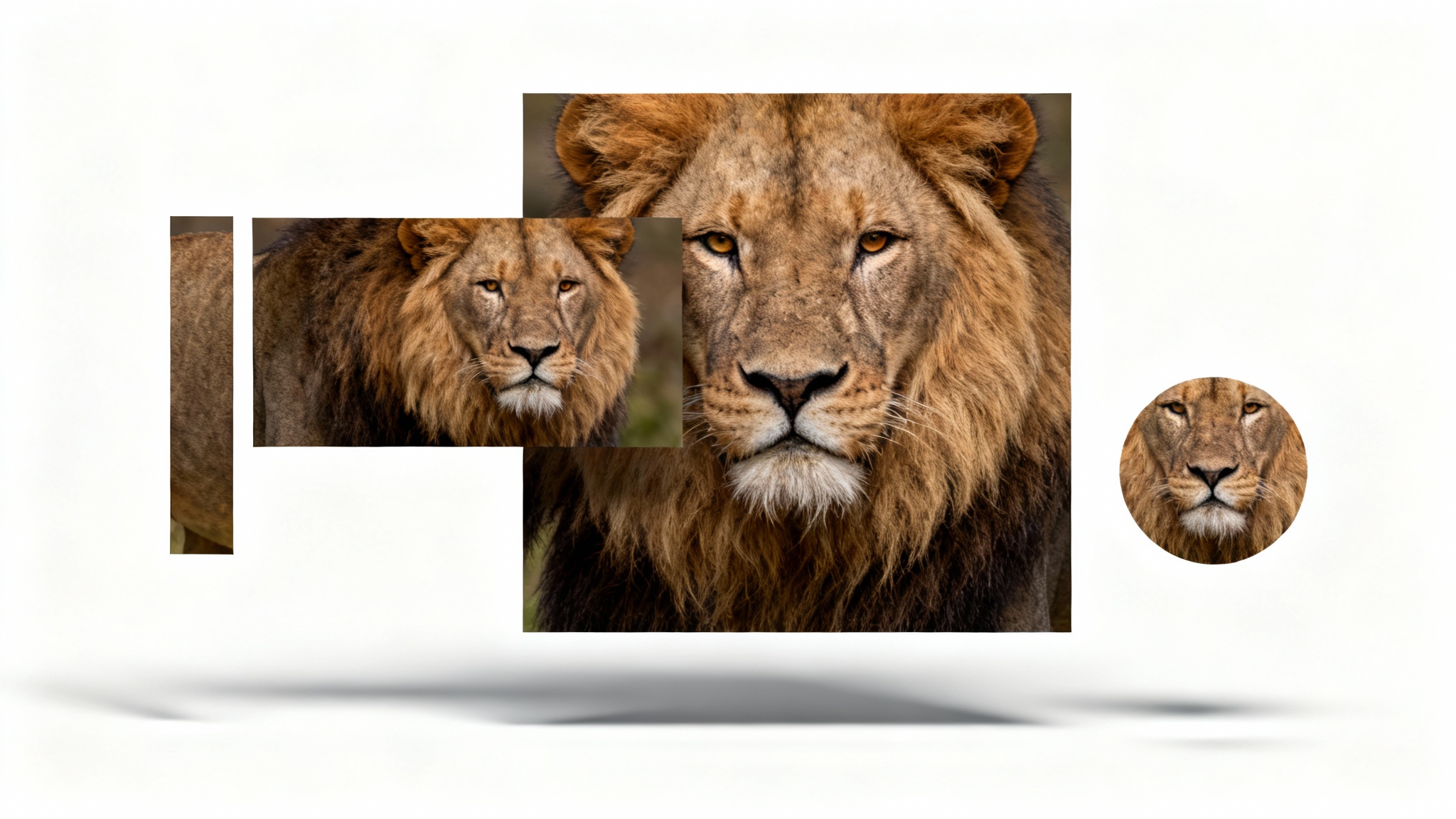 Conceptual image illustrating resizing. A high-quality photo of a lion is shown in multiple different sizes and aspect ratios, including square, panoramic, and vertical, arranged on a clean white background.