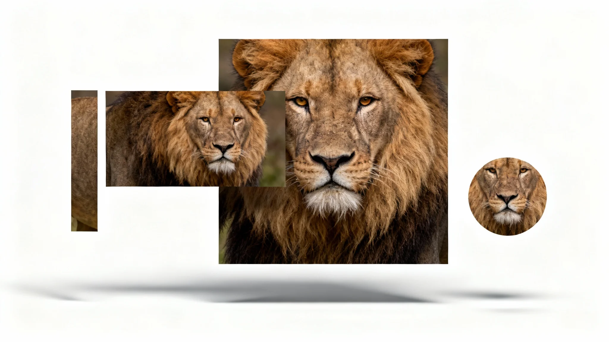 Conceptual image illustrating resizing. A high-quality photo of a lion is shown in multiple different sizes and aspect ratios, including square, panoramic, and vertical, arranged on a clean white background.