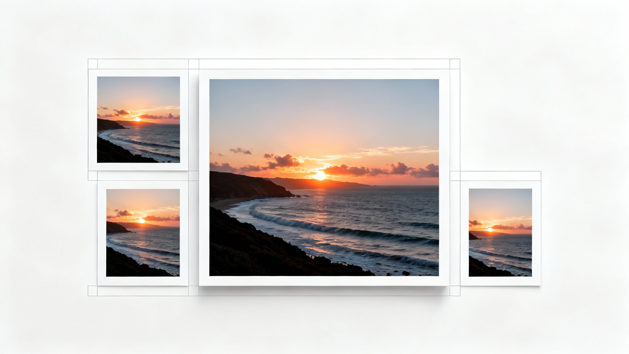 A central photograph of a coastal sunset is surrounded by smaller versions of the same image in different sizes and shapes, visually representing image resizing.