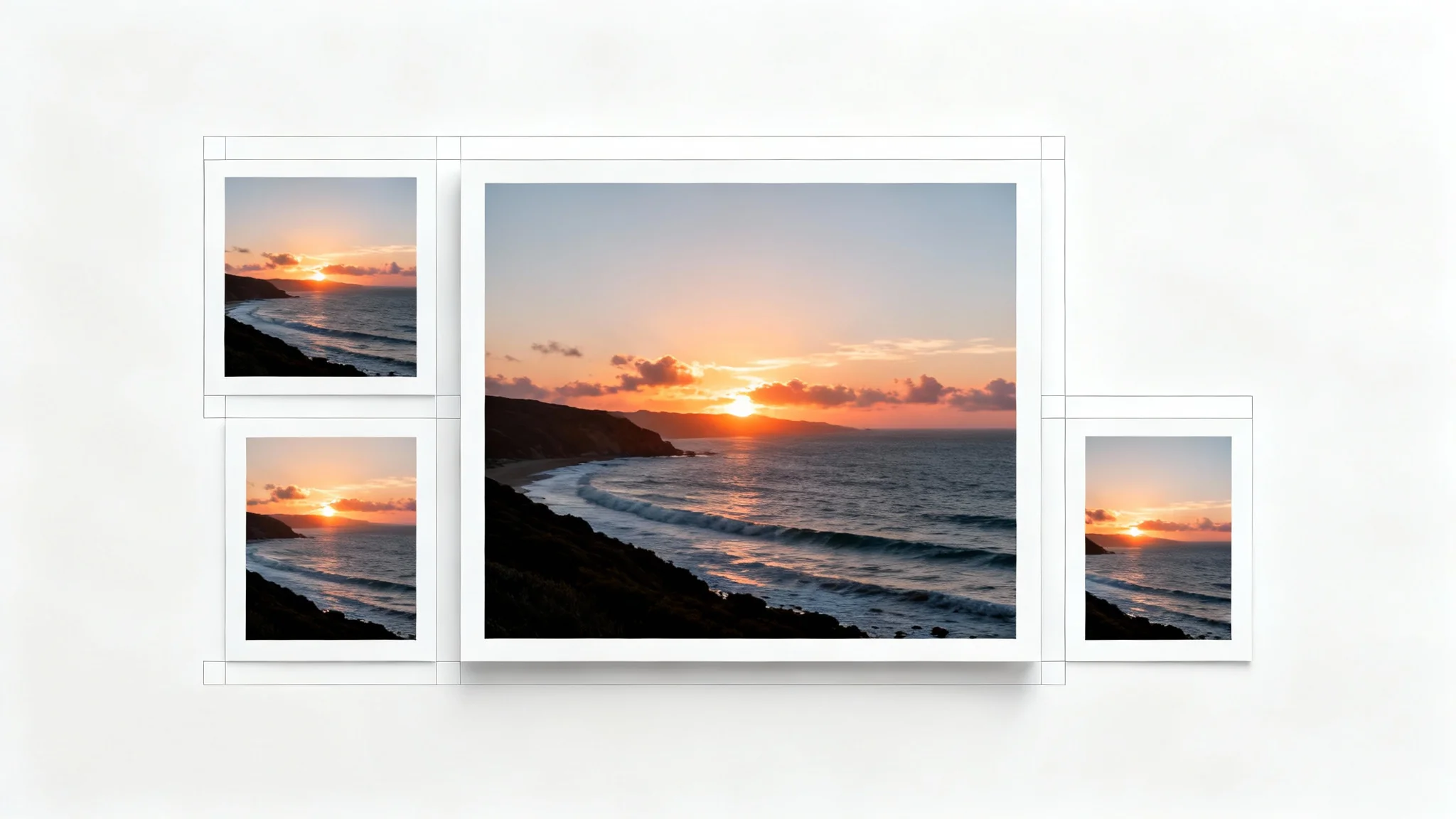 A central photograph of a coastal sunset is surrounded by smaller versions of the same image in different sizes and shapes, visually representing image resizing.