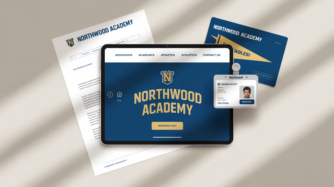 A collection of school merchandise and digital mockups, including a website on a tablet and a letterhead, all designed with a unified color scheme of navy blue, gold, and white, displayed in a professional flat lay arrangement.