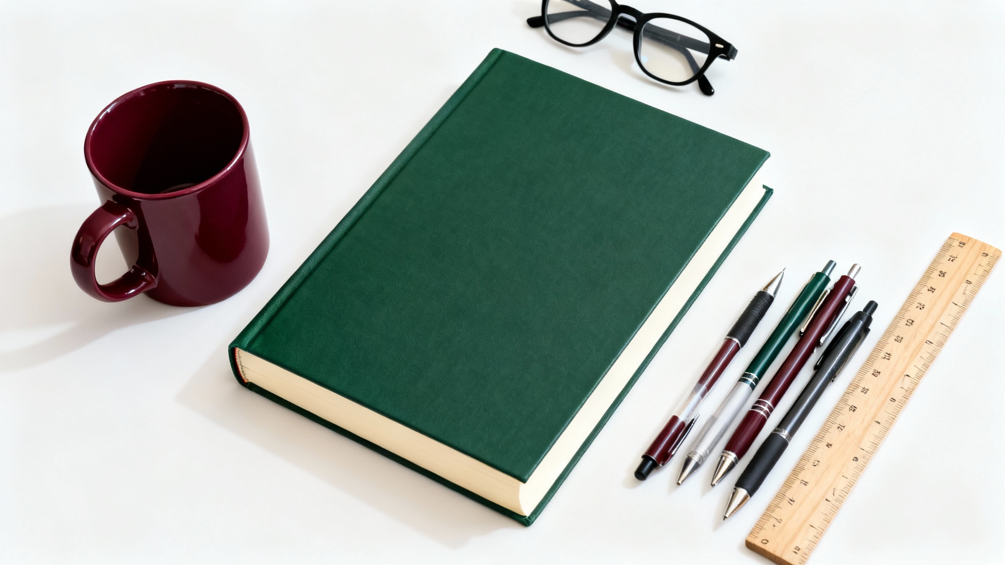 An overhead shot of neatly arranged school-themed items on a white background, all in a color palette of forest green, burgundy, and cream, illustrating a school color palette.