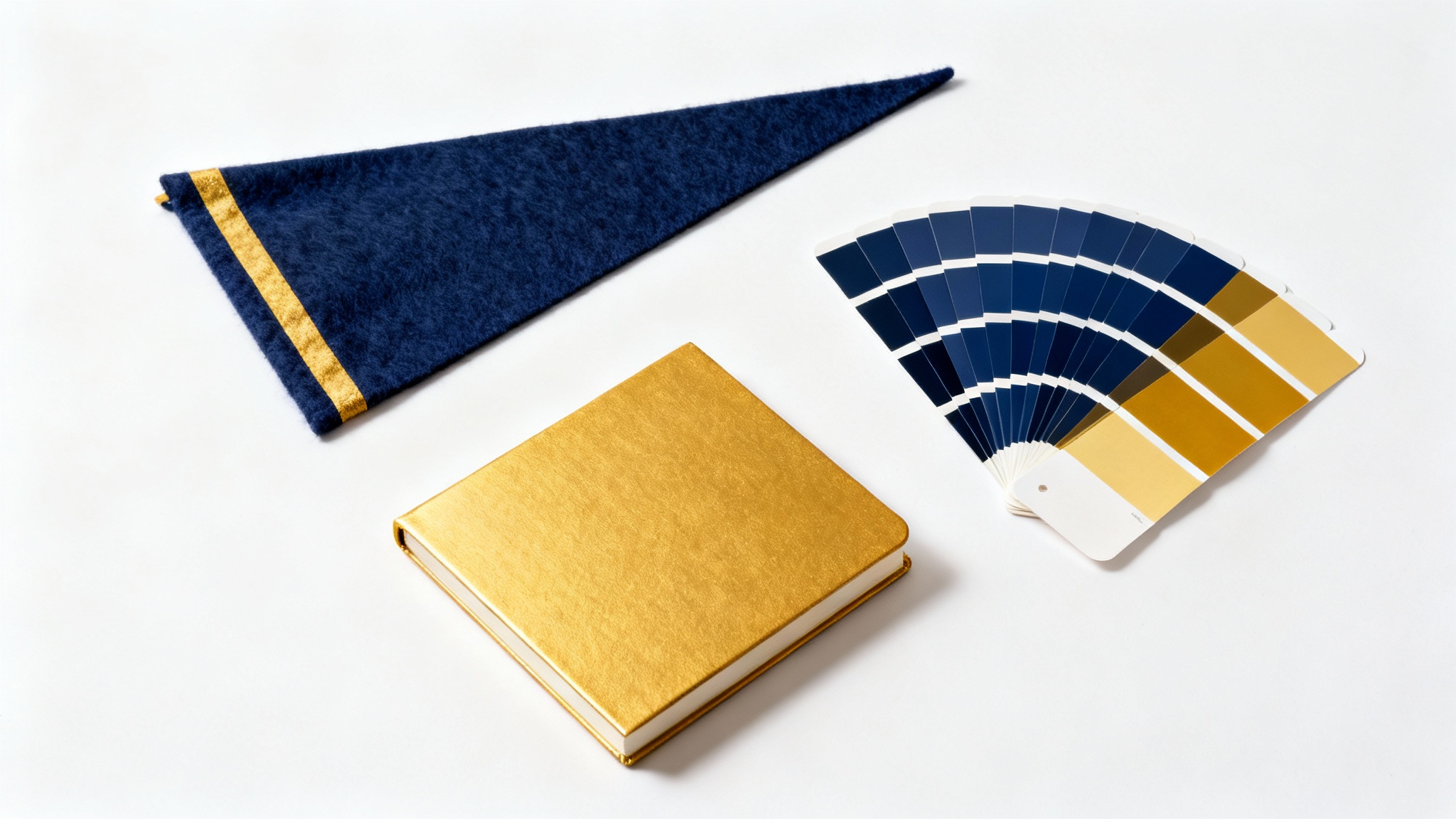 A flat lay mockup of school-themed items in a navy blue and gold color palette, including a pennant, notebook, and paint swatches, on a white background.