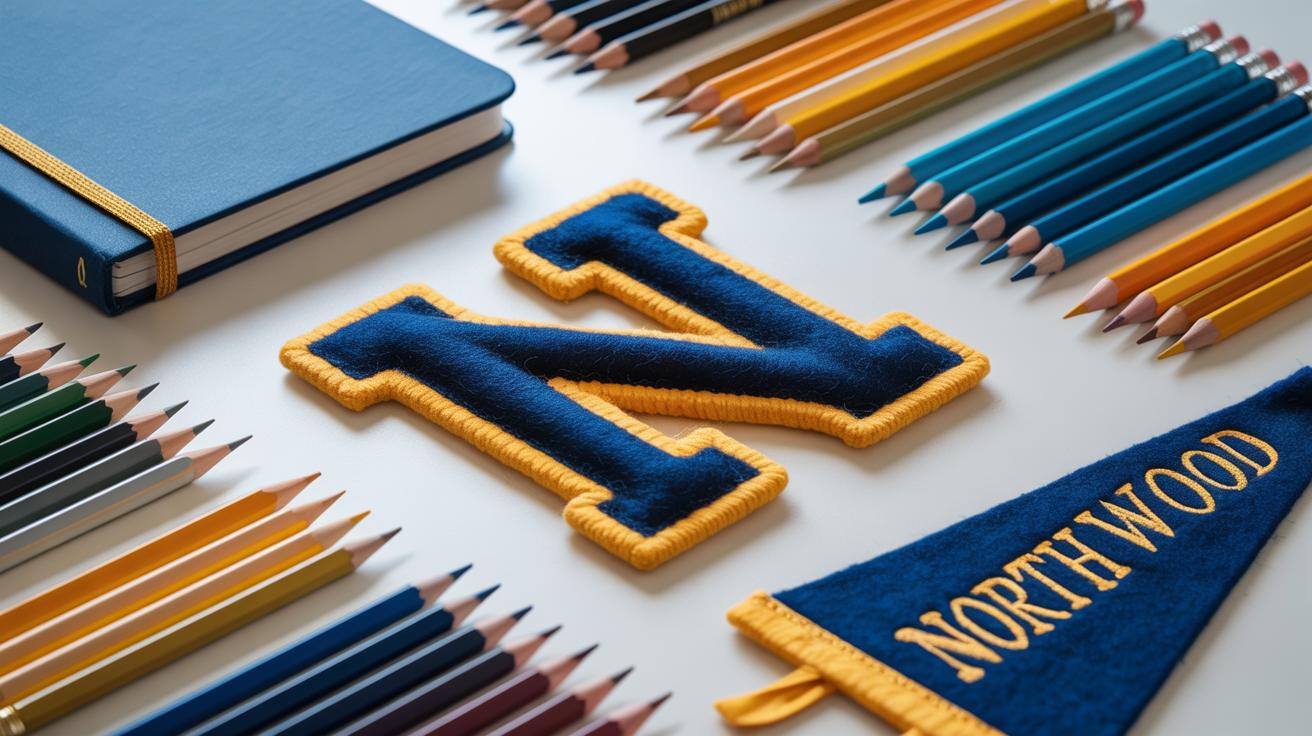 A top-down view of school-themed items on a white background, showcasing a navy blue and gold color palette. Items include a varsity letter 'N', a navy blue pennant with the word 'NORTHWOOD' in gold, a notebook, and pencils.