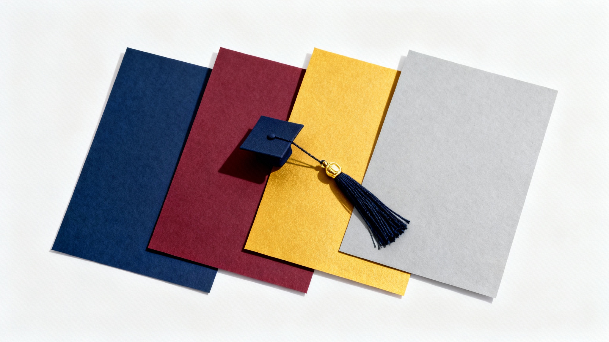 A clean, minimalist image displaying a school color palette with four swatches in navy blue, burgundy, gold, and grey, accompanied by a small graduation tassel on a white background.