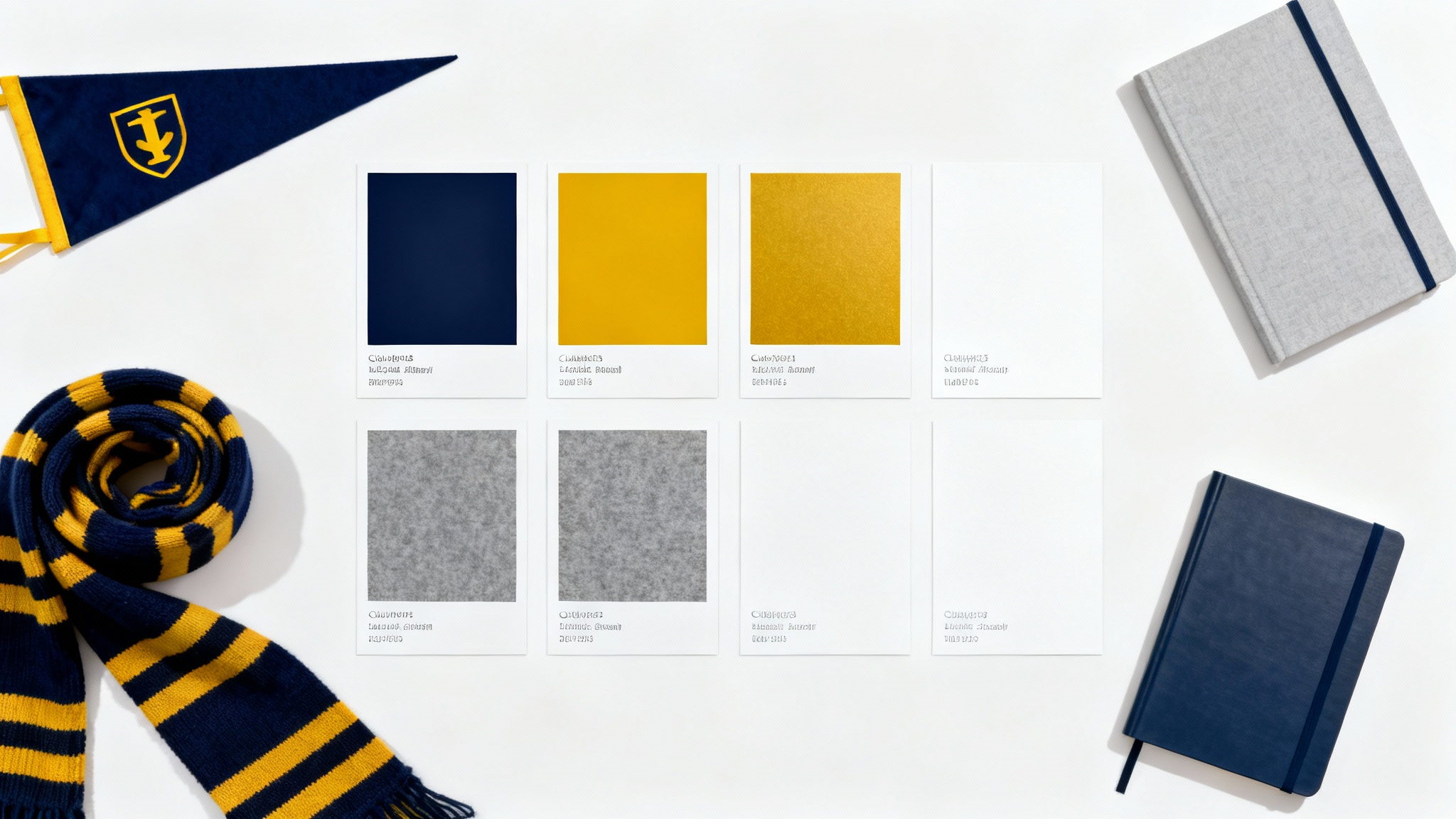 A flat lay arrangement on a white background showing a school color palette of navy blue, gold, grey, and white, displayed with color swatches and matching school items like a pennant and a scarf.