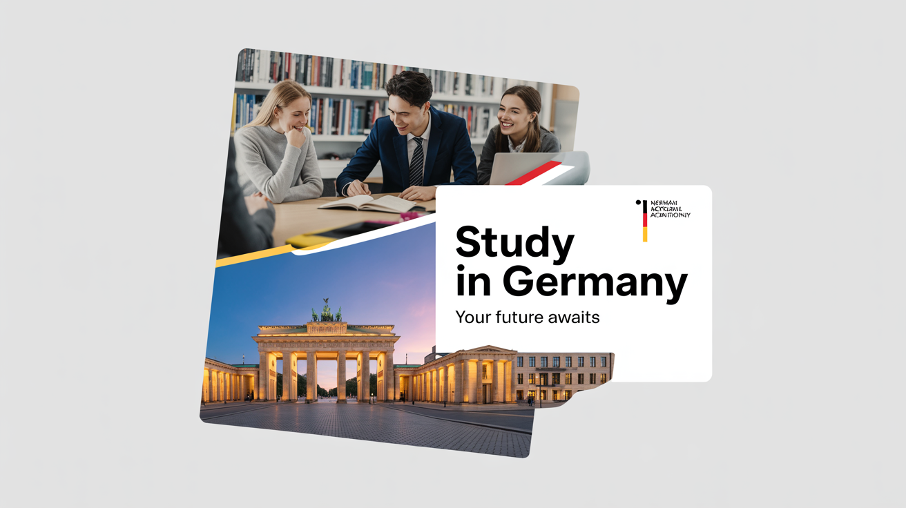 A professionally designed social media post advertising study in Germany, featuring a collage of German landmarks and students, with the text 'Study in Germany, Your Future Awaits'.