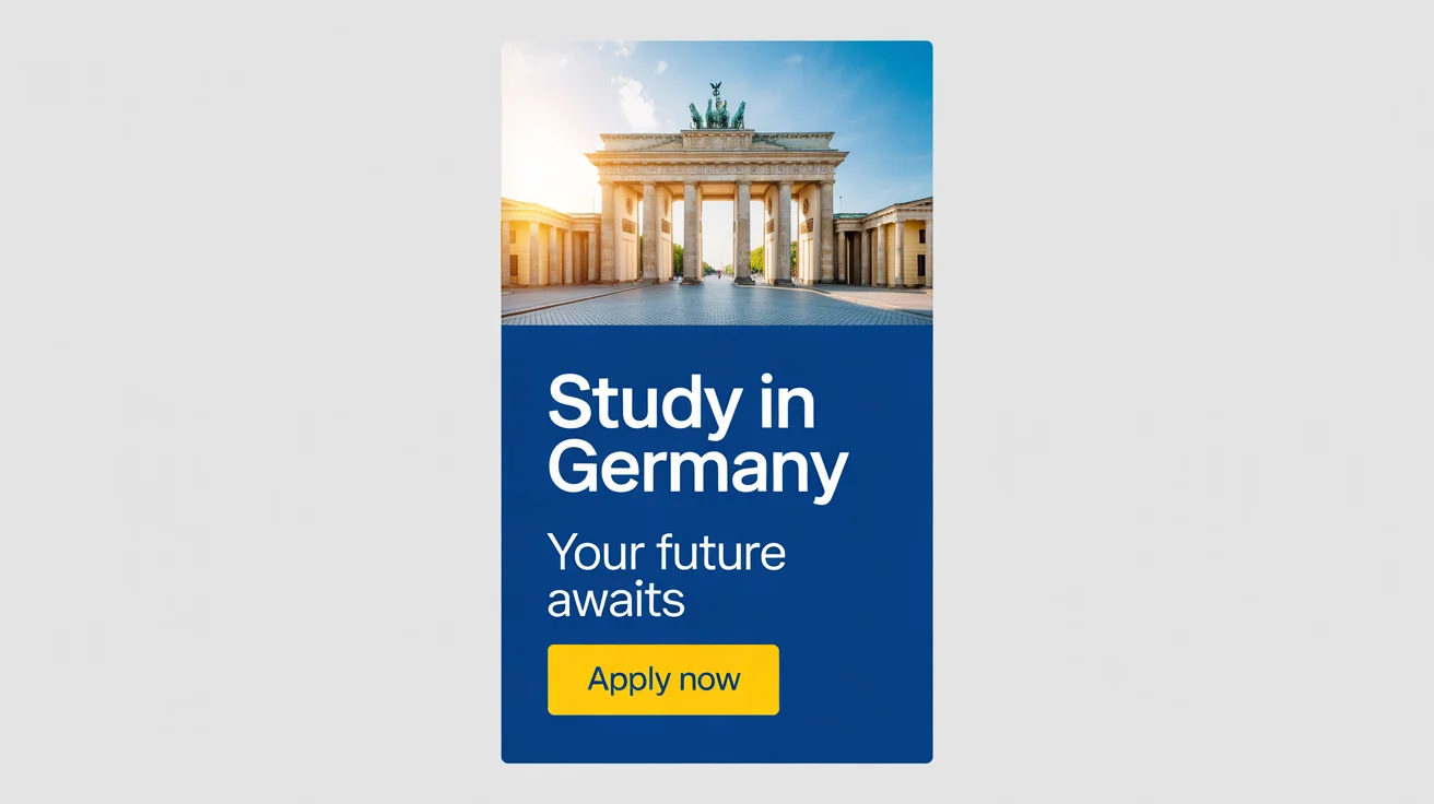 A mockup of a social media post advertising to study in Germany, featuring a photo of the Brandenburg Gate and text that reads 'Study in Germany, Your Future Awaits'.
