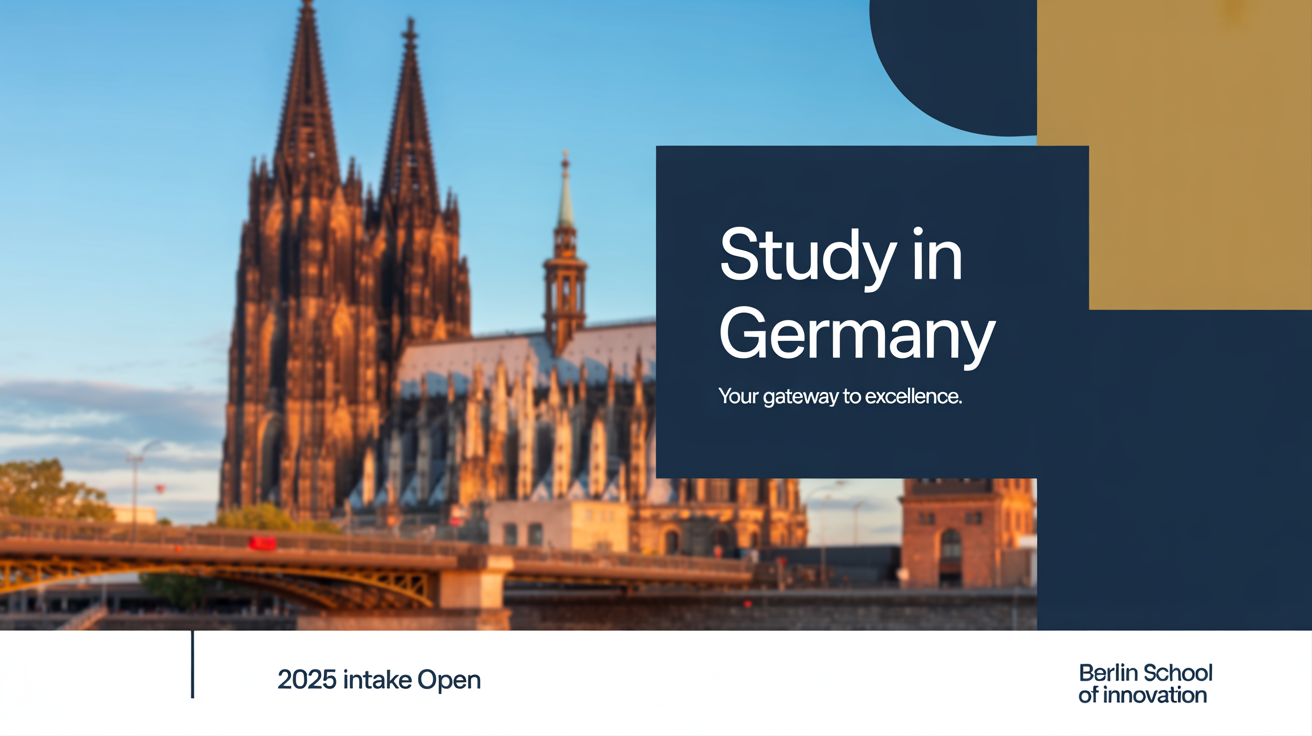 A social media post design mockup for studying in Germany. It features a German landmark, modern graphic elements, and text that says 'Study in Germany, Your Gateway to Excellence'.
