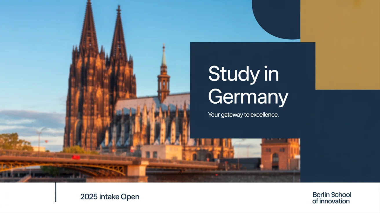 A social media post design mockup for studying in Germany. It features a German landmark, modern graphic elements, and text that says 'Study in Germany, Your Gateway to Excellence'.