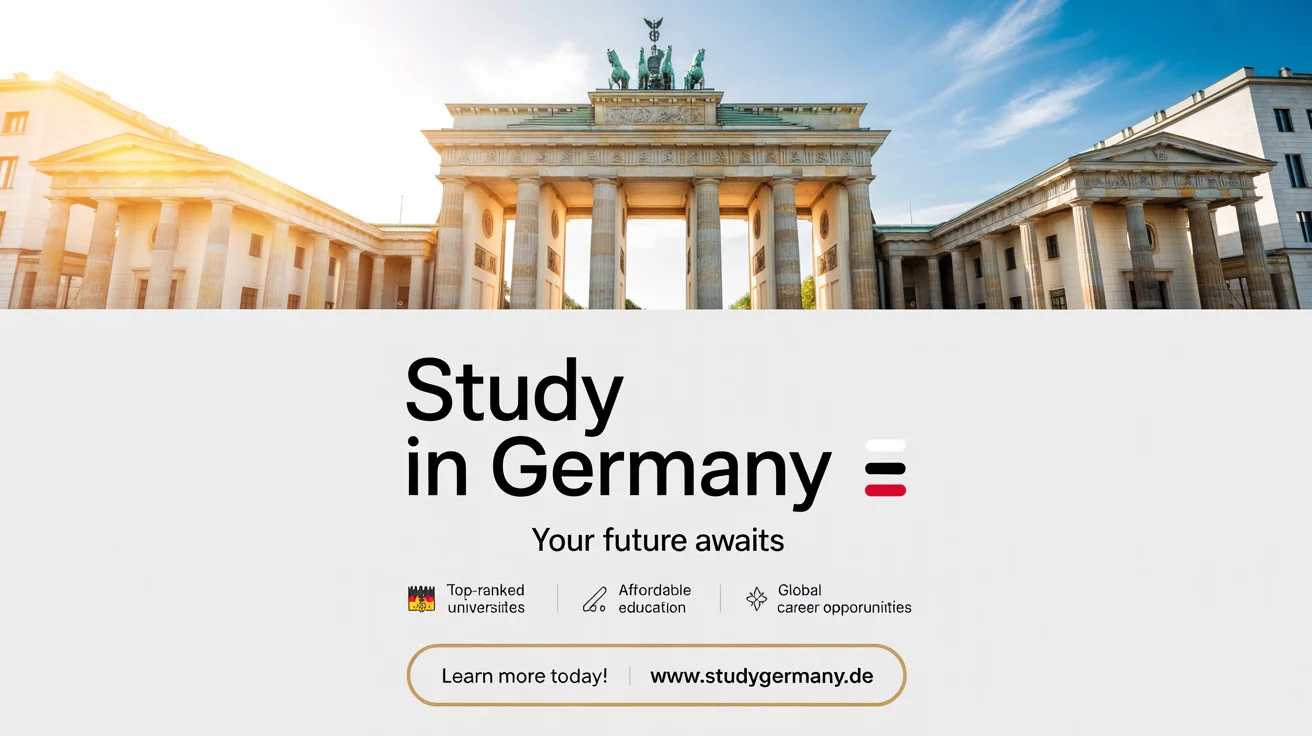 A social media post design to promote studying in Germany. It features a photo of the Brandenburg Gate and text highlighting benefits like top universities and career opportunities.