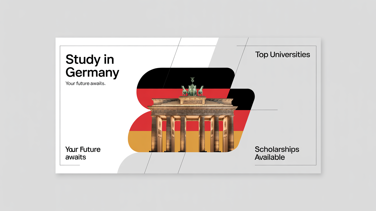 A social media post design for a 'Study in Germany' campaign, featuring the Brandenburg Gate and text that reads 'STUDY IN GERMANY, Your Future Awaits'.