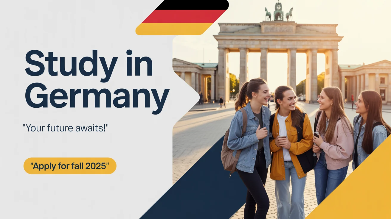 A graphic design for a social media post advertising 'Study in Germany', featuring an image of the Brandenburg Gate, a smiling student, and text encouraging applications.