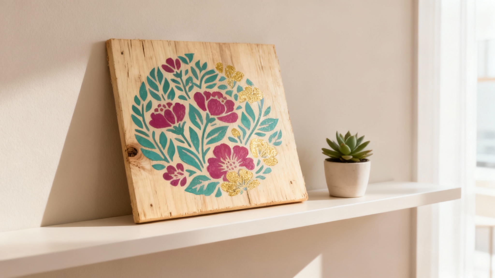 A beautifully finished wooden board with a vibrant, intricate floral stencil design in teal and magenta, displayed as elegant wall decor in a modern, brightly lit room.