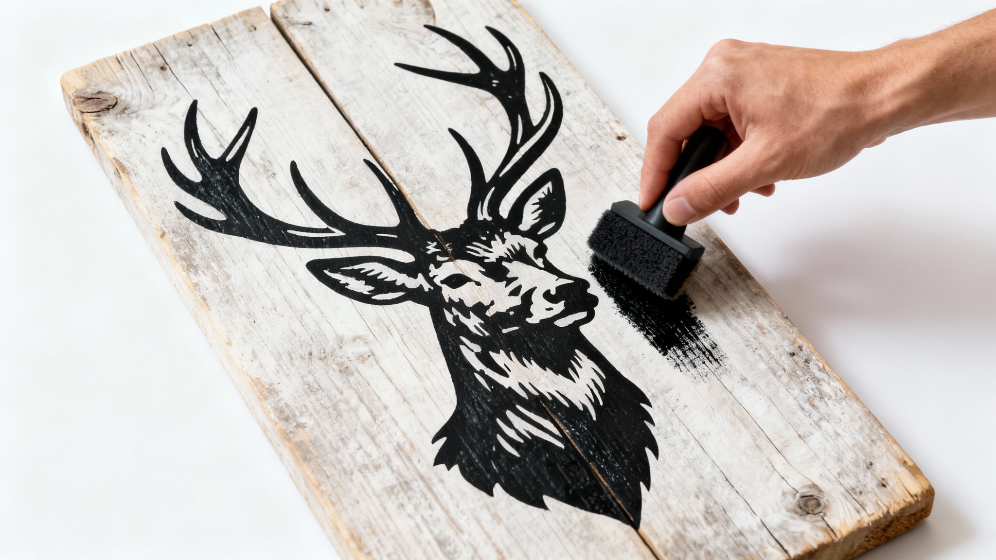 A flat lay image showing a deer head stencil being painted onto a wooden plank on a white background, illustrating a DIY wood stencil project.