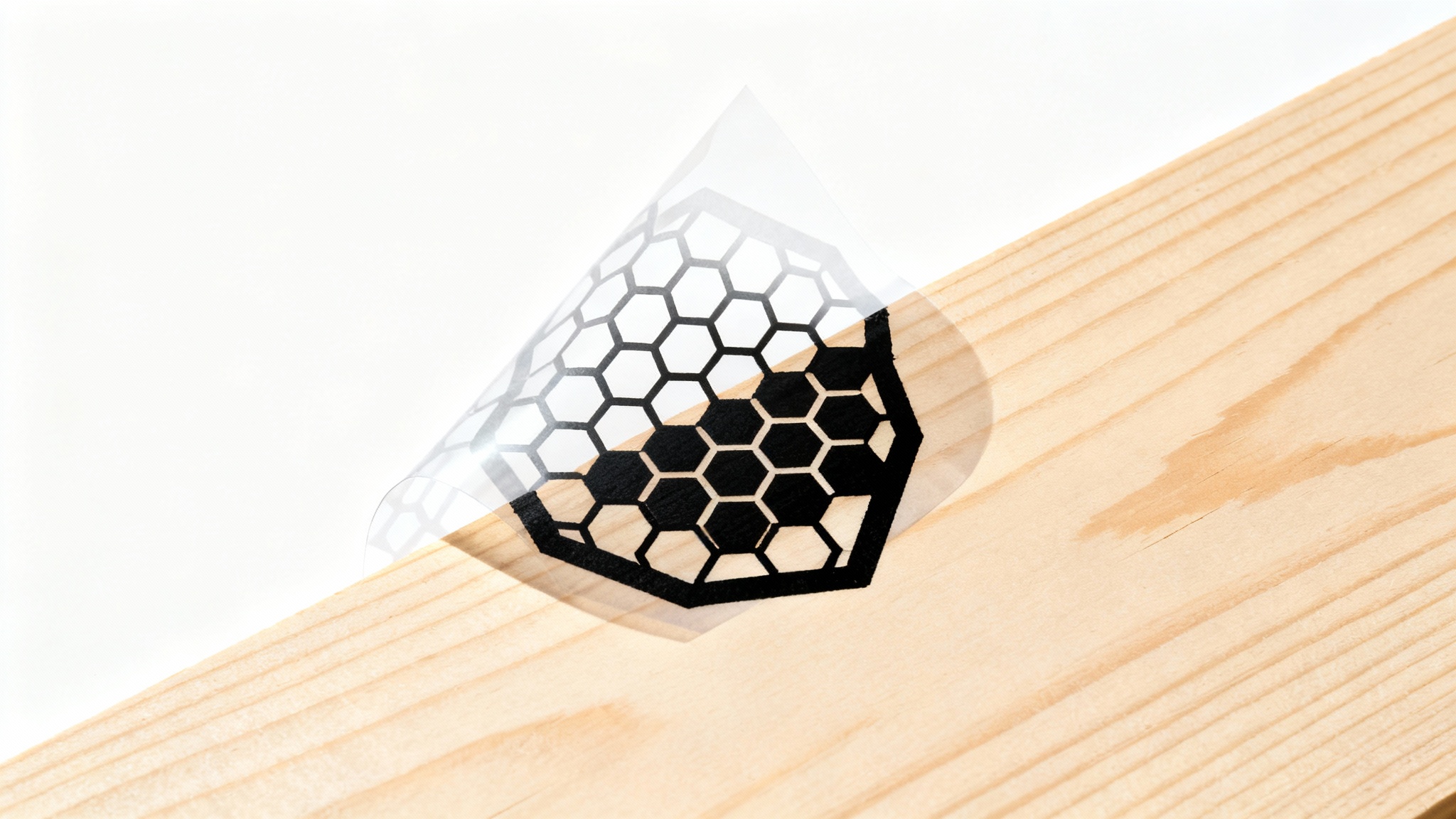 A top-down view of a geometric honeycomb pattern being stenciled in black paint onto a light wood surface, against a plain white background.