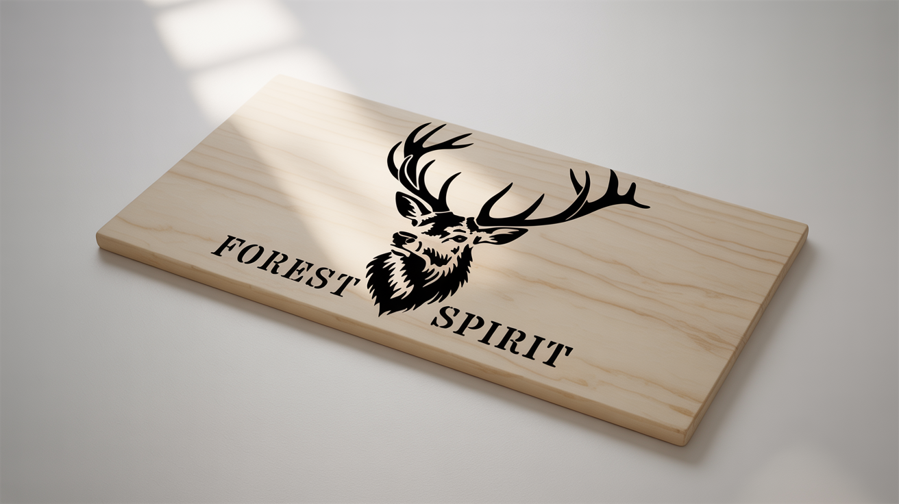 A product mockup showing a rectangular piece of light-colored wood with a black stenciled design of a stag's head and the words 'FOREST SPIRIT' below it, set against a plain white background.