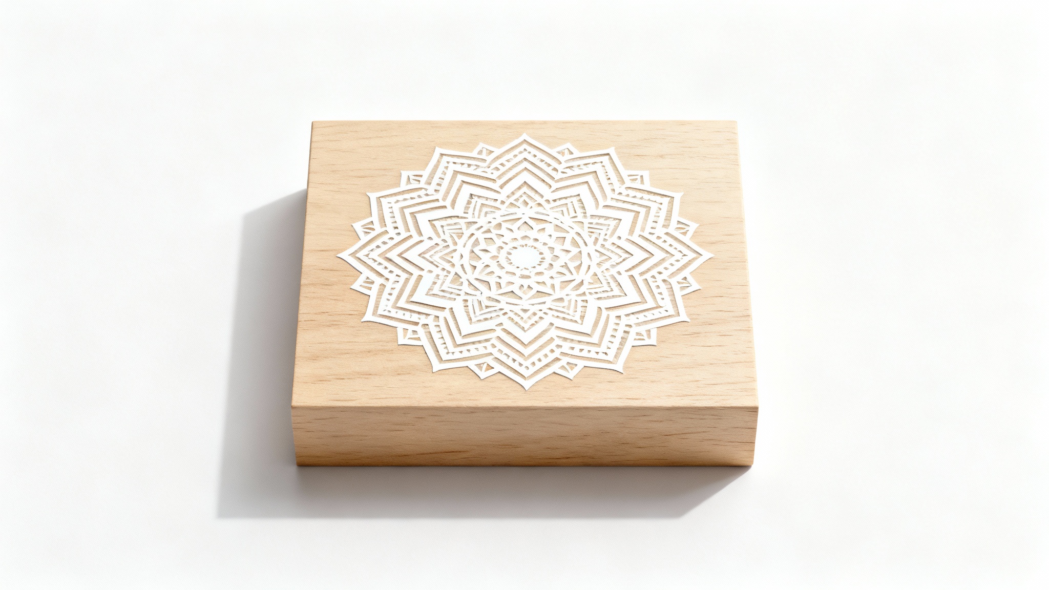 A photorealistic mockup of a rectangular oak wood block with an intricate white geometric mandala stenciled onto it, set against a clean white background.