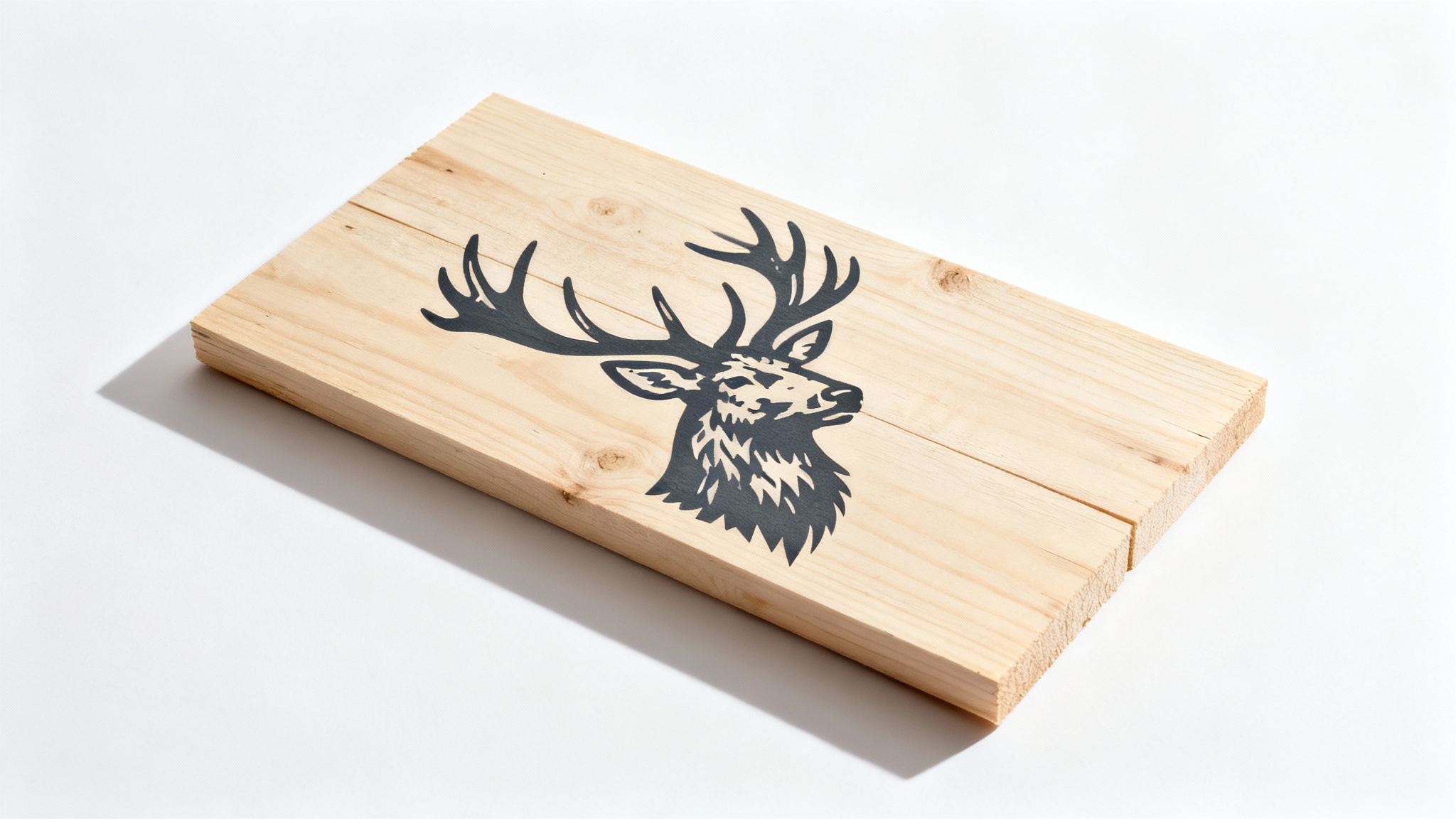 A photorealistic mockup of a rectangular pine wood plank with a detailed stencil of a stag's head in dark gray, shown on a clean white background.