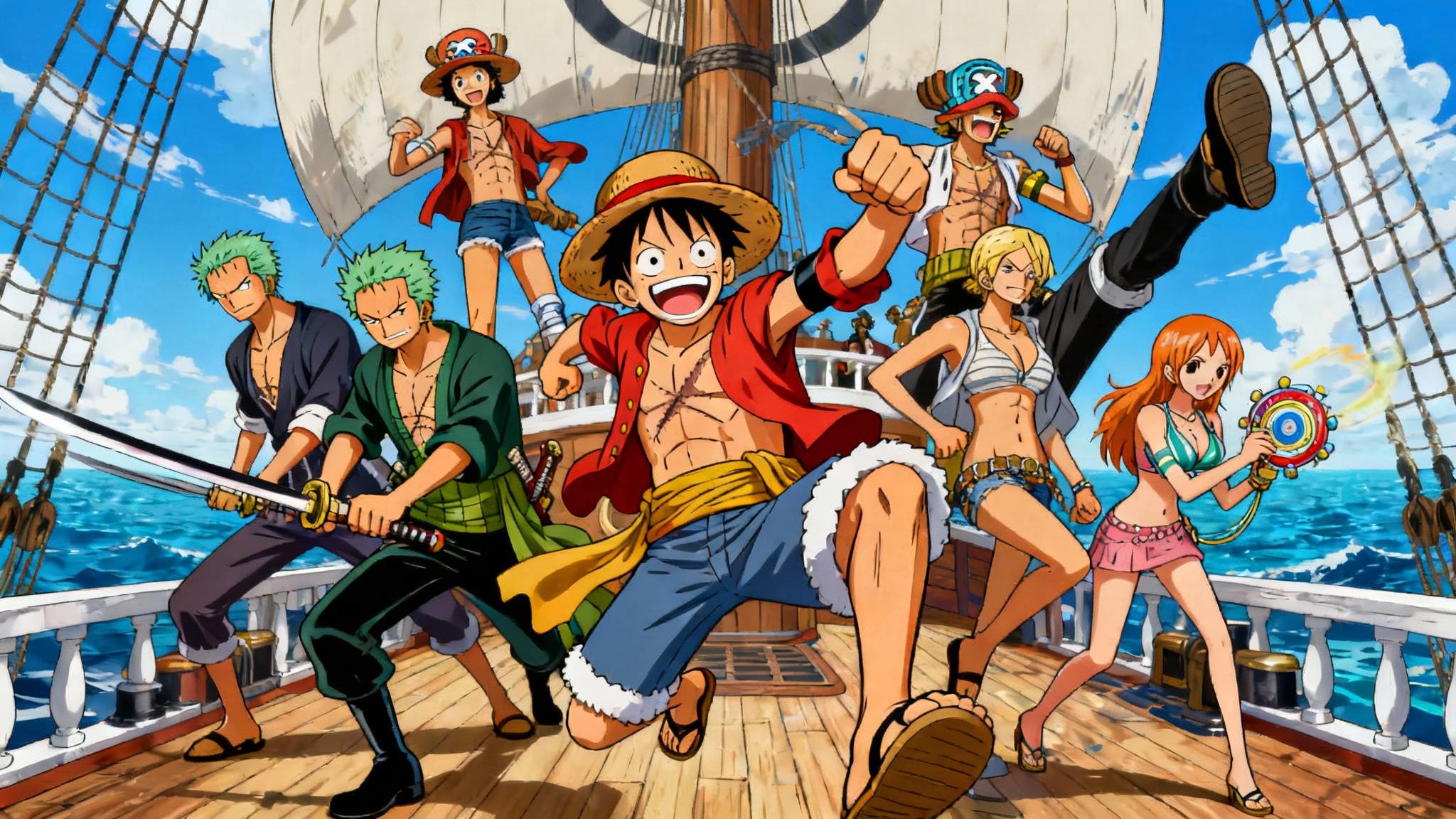 A vibrant and dynamic group illustration of the Straw Hat Pirates from the anime One Piece, posing energetically on the deck of their ship, the Thousand Sunny, at sea.