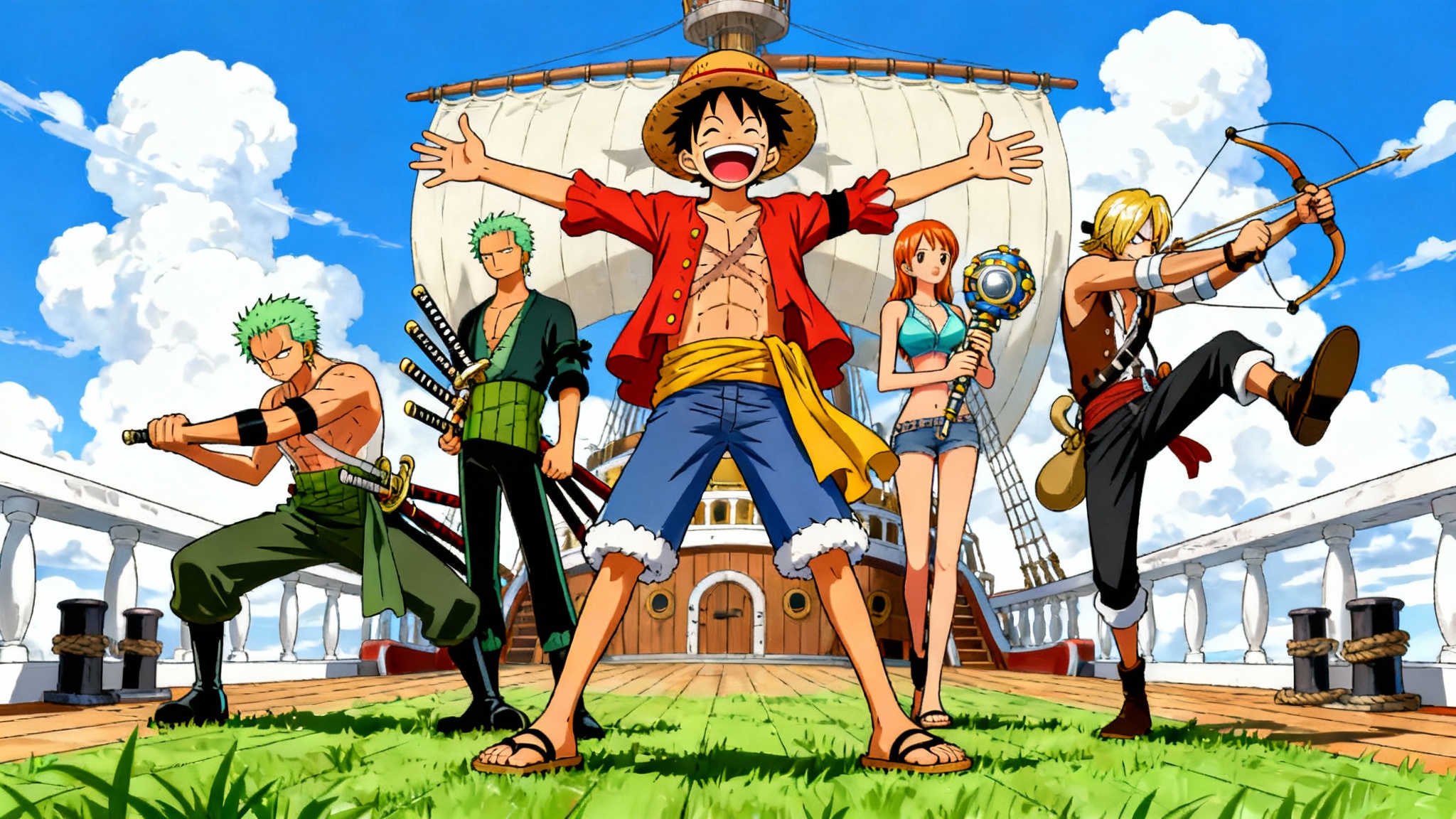 A vibrant and dynamic illustration of the One Piece Straw Hat Pirates, including Luffy, Zoro, Nami, Usopp, and Sanji, posing cheerfully on the deck of their ship, the Thousand Sunny.
