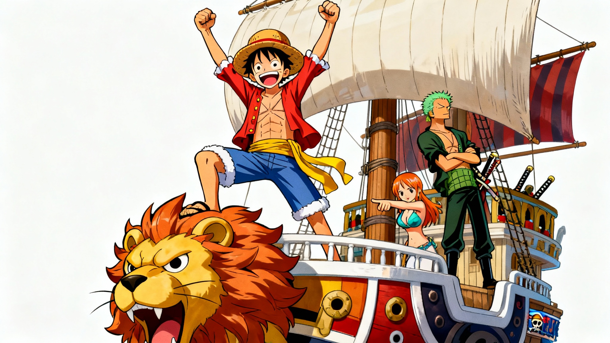 An anime illustration in the style of One Piece featuring Luffy, Zoro, and Nami on their ship, the Thousand Sunny, presented against a clean white background.