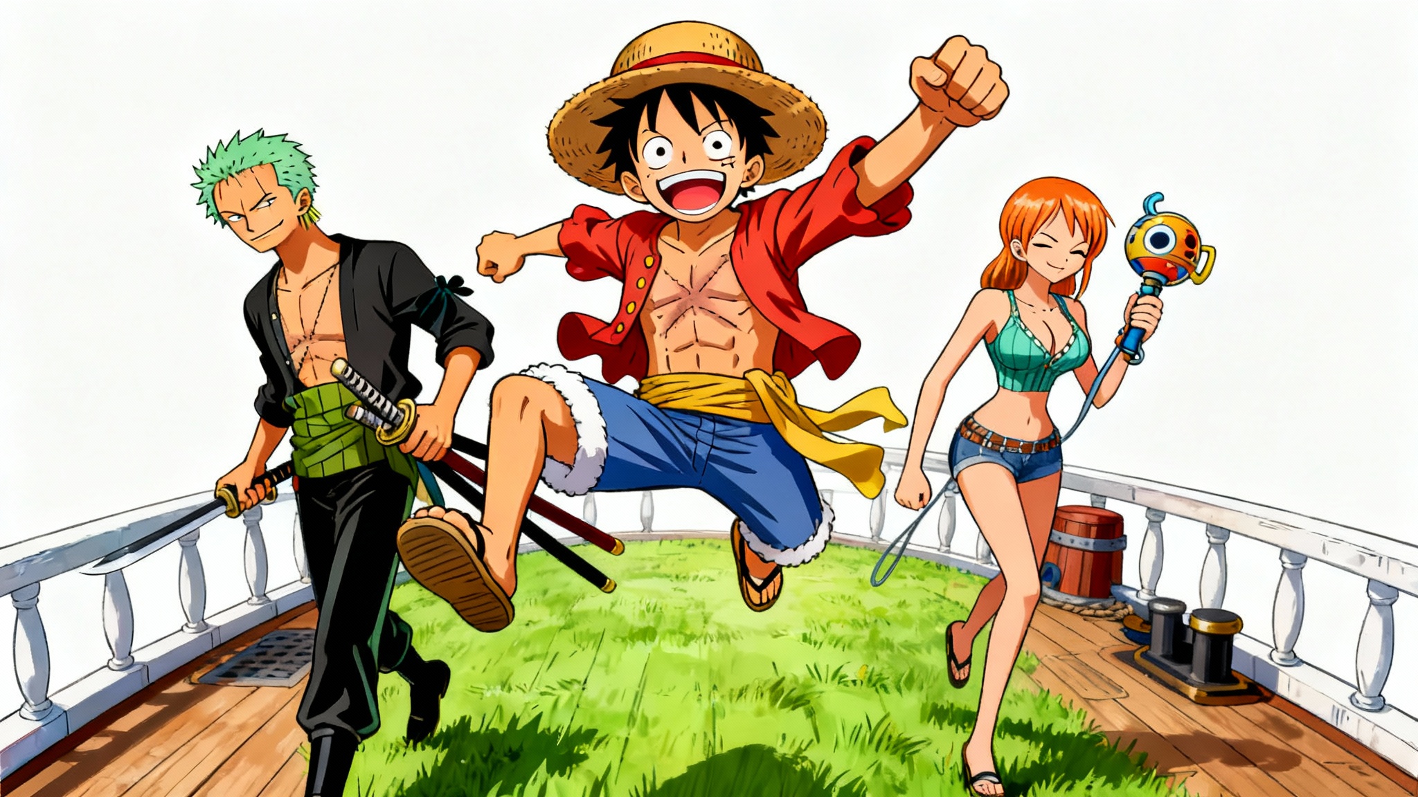 A vibrant digital art piece in the style of the anime 'One Piece,' showing characters Luffy, Zoro, and Nami in dynamic poses against a clean white background, capturing the show's adventurous spirit.