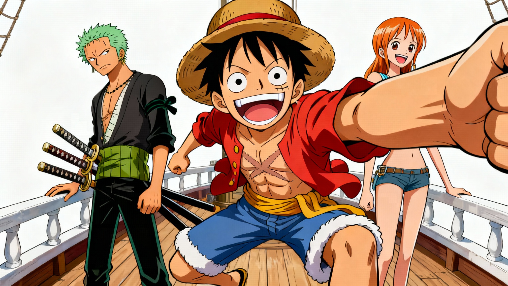 A colorful digital artwork in the One Piece anime style, showing characters Luffy, Zoro, and Nami in dynamic poses on their ship against a clean white background.