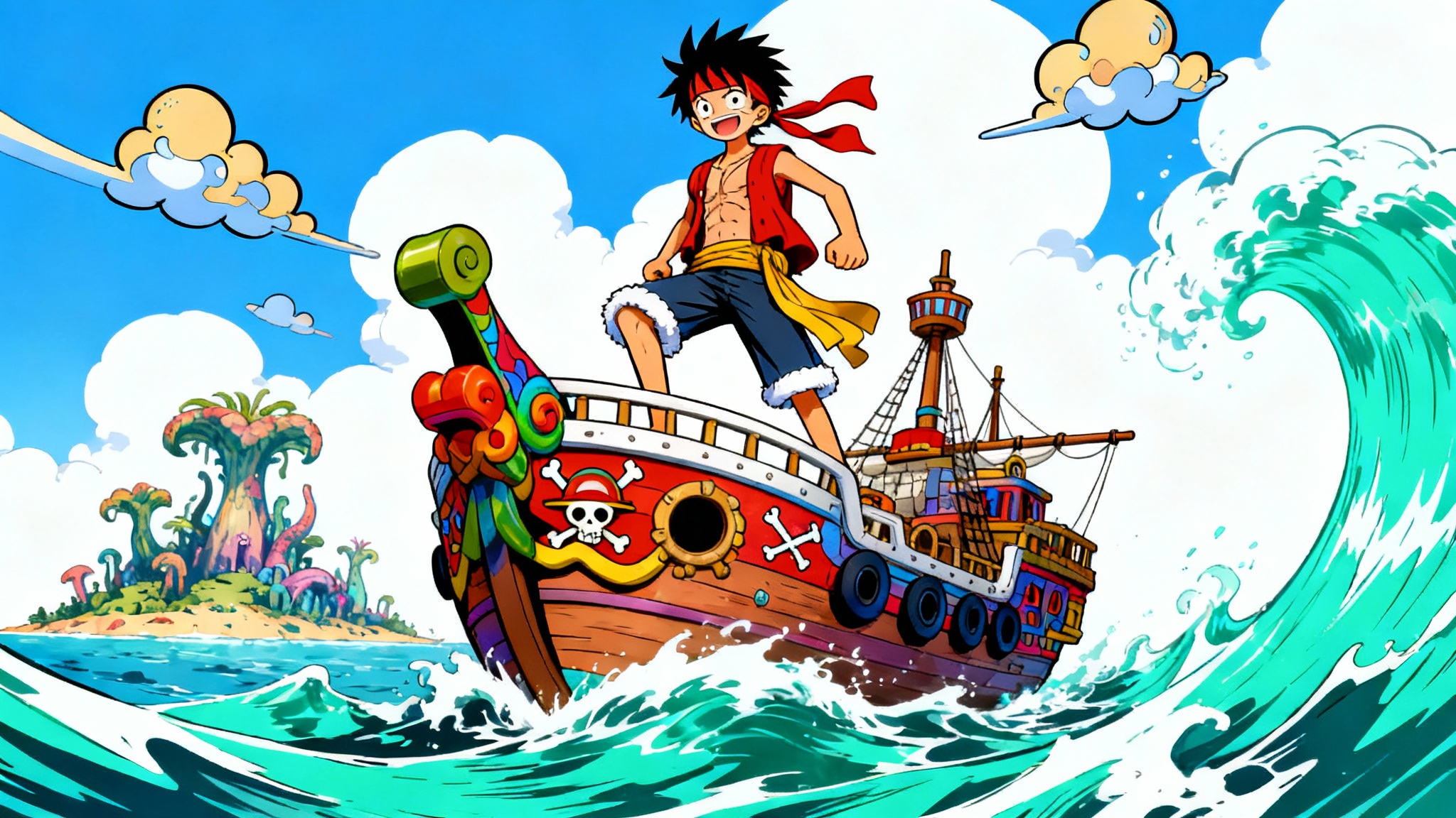 An anime illustration in the One Piece style, featuring a young pirate on a fantastical ship sailing towards a mysterious island, conveying a sense of adventure.