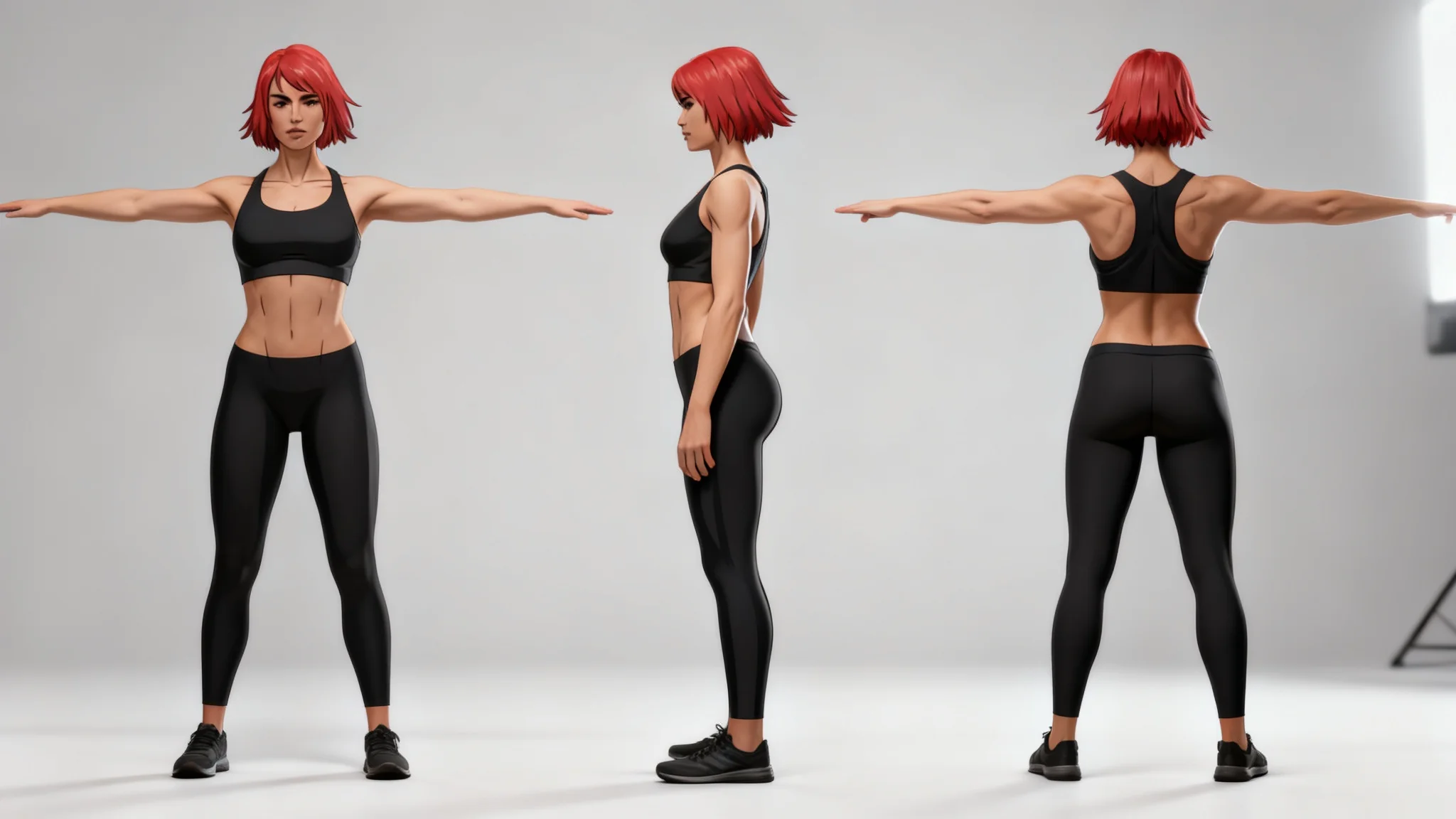 A professional character design turnaround sheet showing a female character with short red hair and a black athletic outfit. The image displays her from the front, side, and back in a T-pose, all aligned horizontally against a clean gray background.