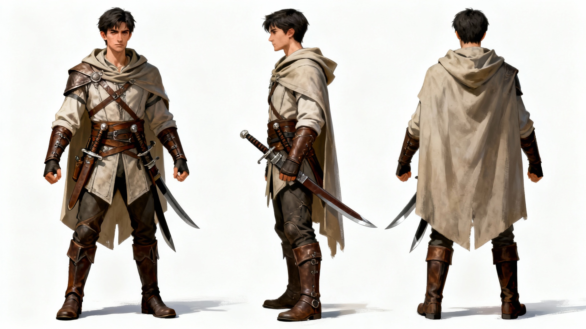 A character turnaround concept art sheet showing a fantasy rogue from the front, side, and back on a plain white background.