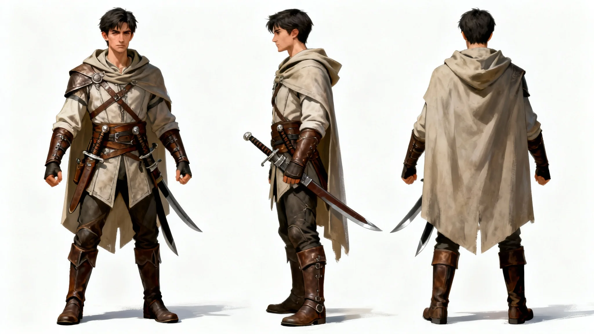 A character turnaround concept art sheet showing a fantasy rogue from the front, side, and back on a plain white background.