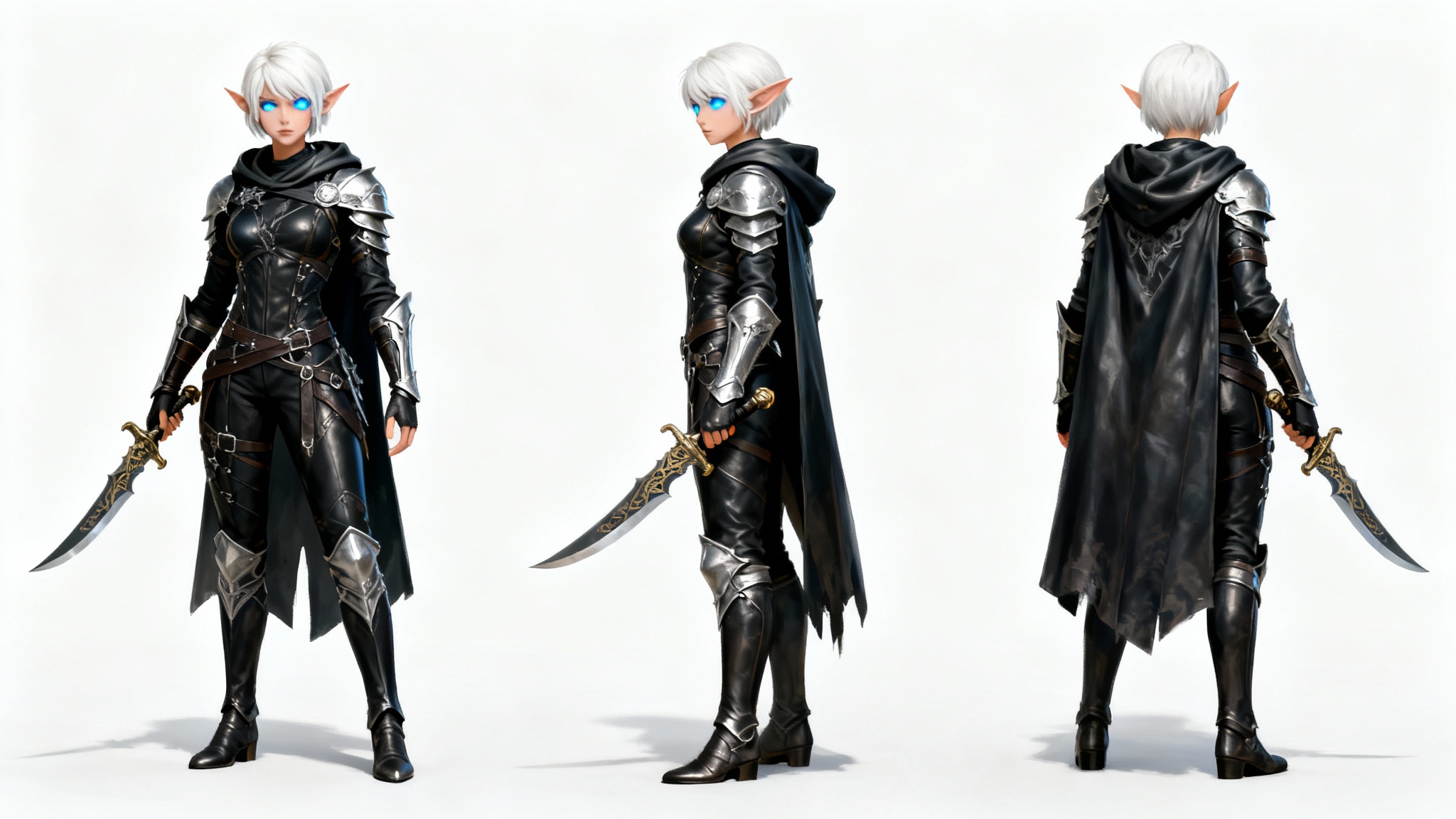 A character turnaround concept art sheet showing a female elf rogue from the front, three-quarters, and back view, against a plain white background.