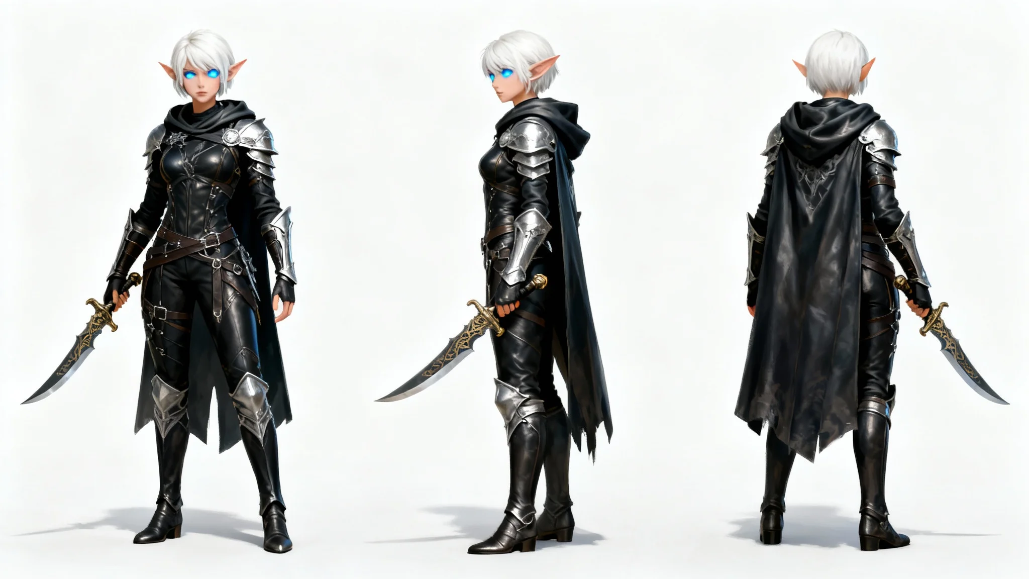 A character turnaround concept art sheet showing a female elf rogue from the front, three-quarters, and back view, against a plain white background.