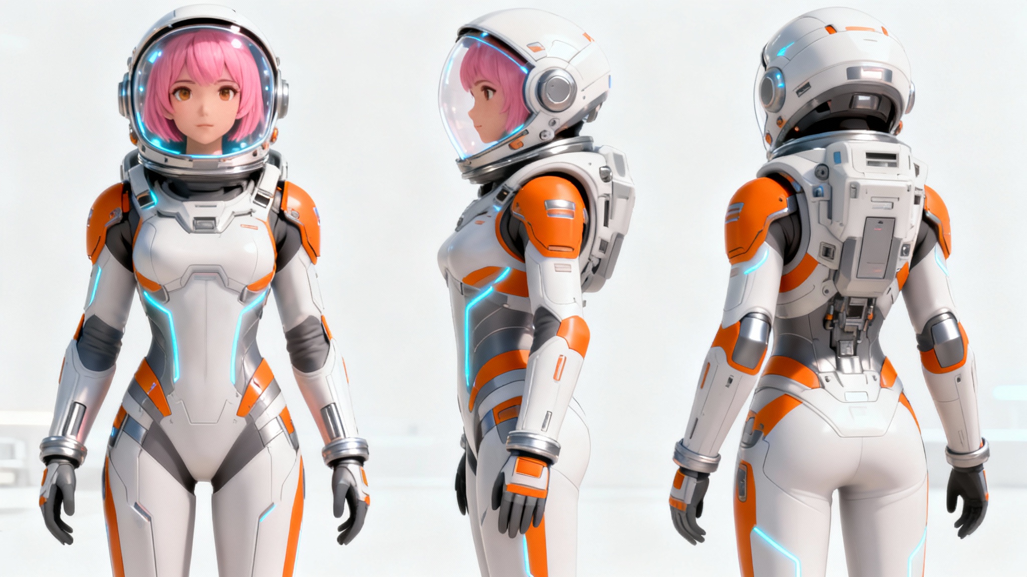 A character turnaround concept art sheet showing a female sci-fi astronaut in a futuristic suit from the front, side, and back on a plain white background.