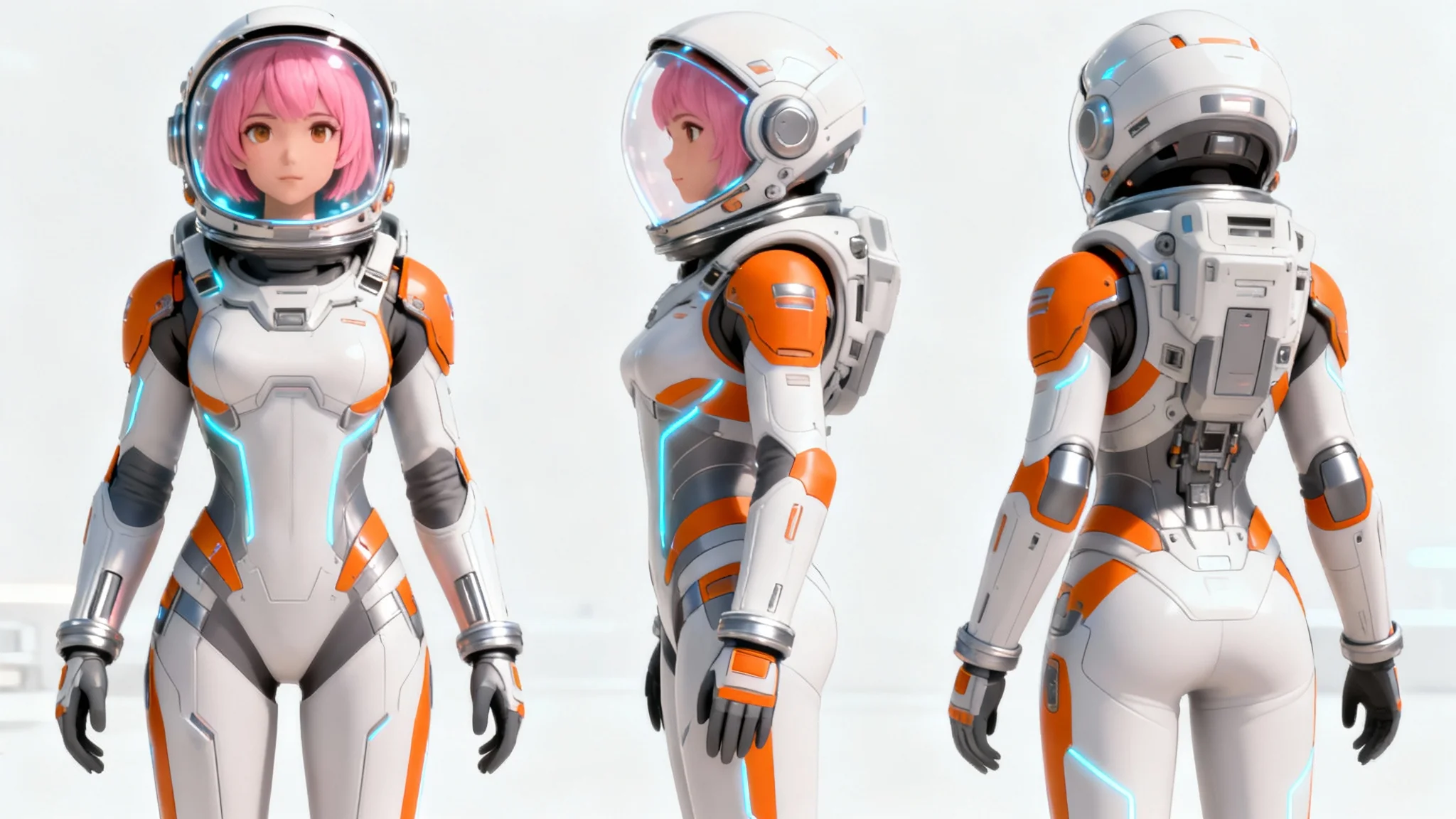 A character turnaround concept art sheet showing a female sci-fi astronaut in a futuristic suit from the front, side, and back on a plain white background.