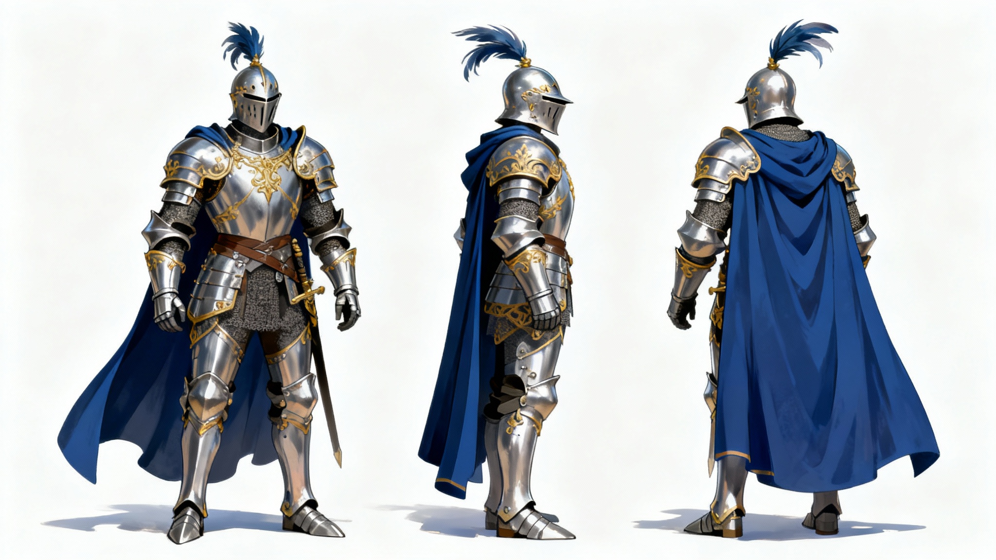 A professional character turnaround sheet showing a fantasy knight in ornate armor from the front, side, and back on a clean white background.