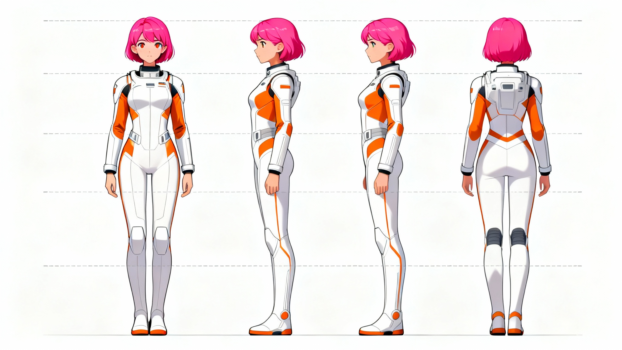 A professional character turnaround sheet of a female space explorer, showing the character design from the front, side, and back views on a clean white background.