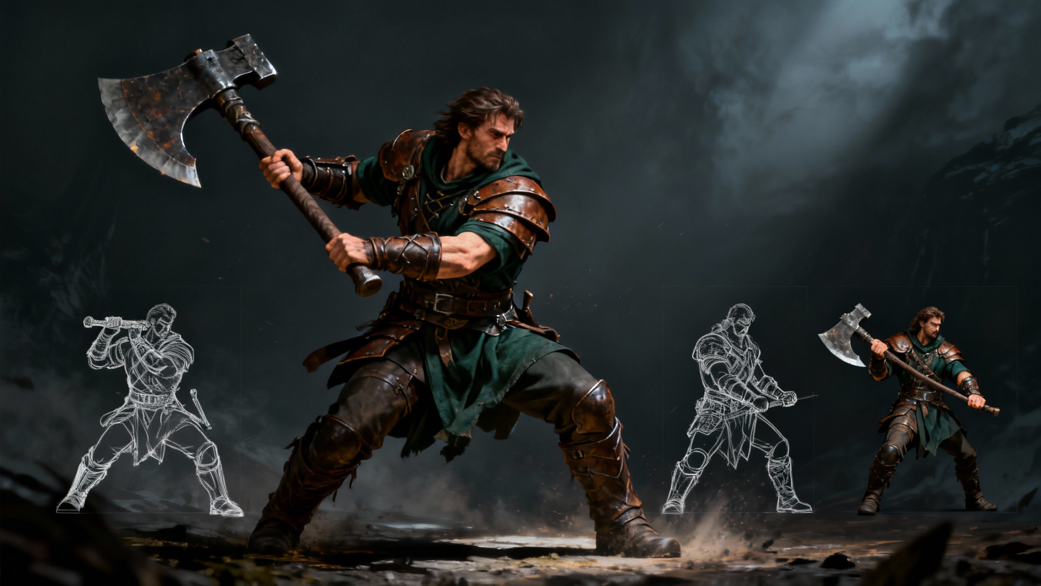 A dark fantasy character design sheet showing a male warrior with a large battle axe in multiple poses. A large central image shows the warrior in full color, mid-swing, while smaller, ghosted images around him depict different stances like blocking and resting.