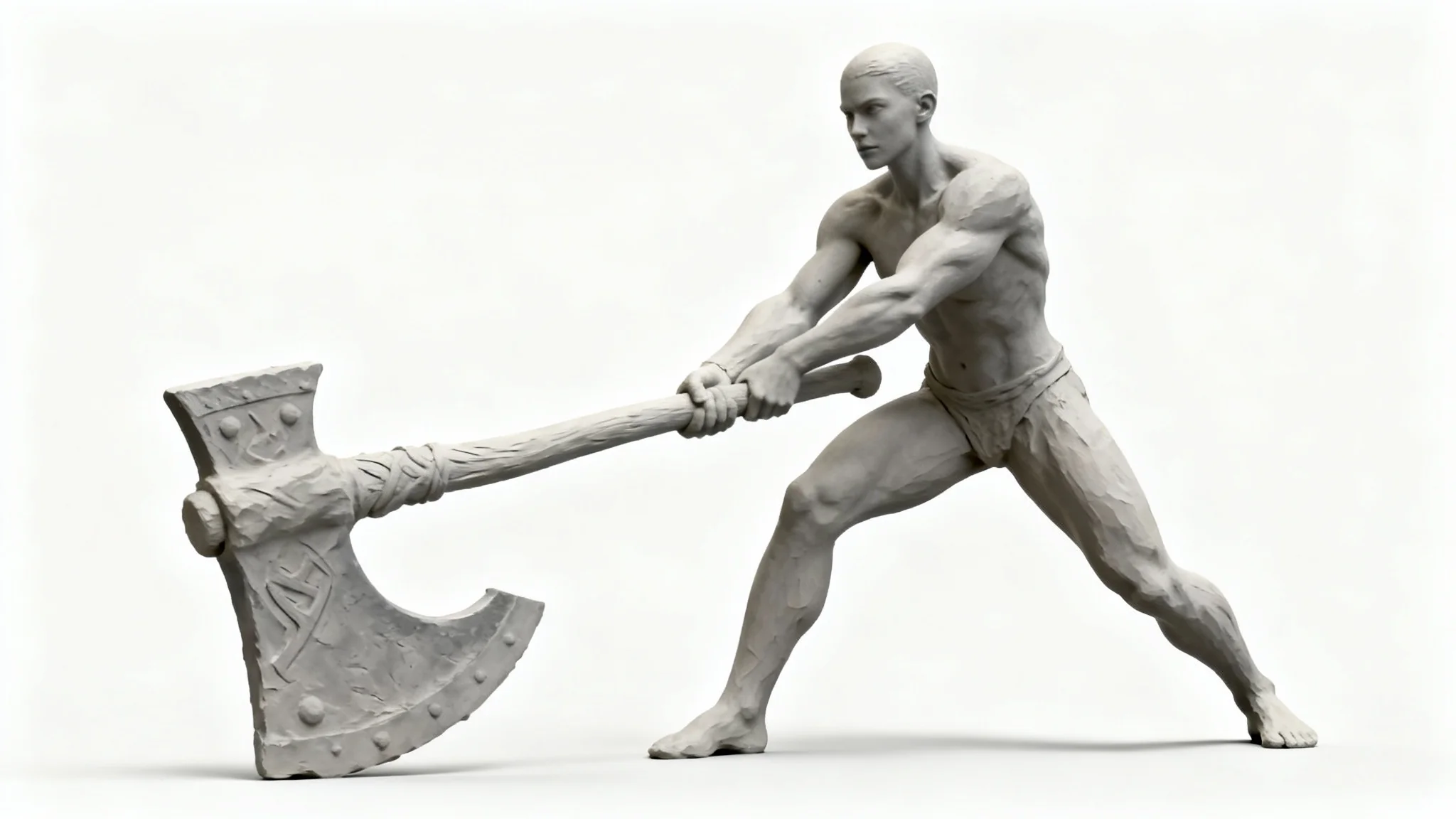 A digital art reference image of a neutral gray, muscular character in a powerful action stance, holding a battle axe on a clean white background.