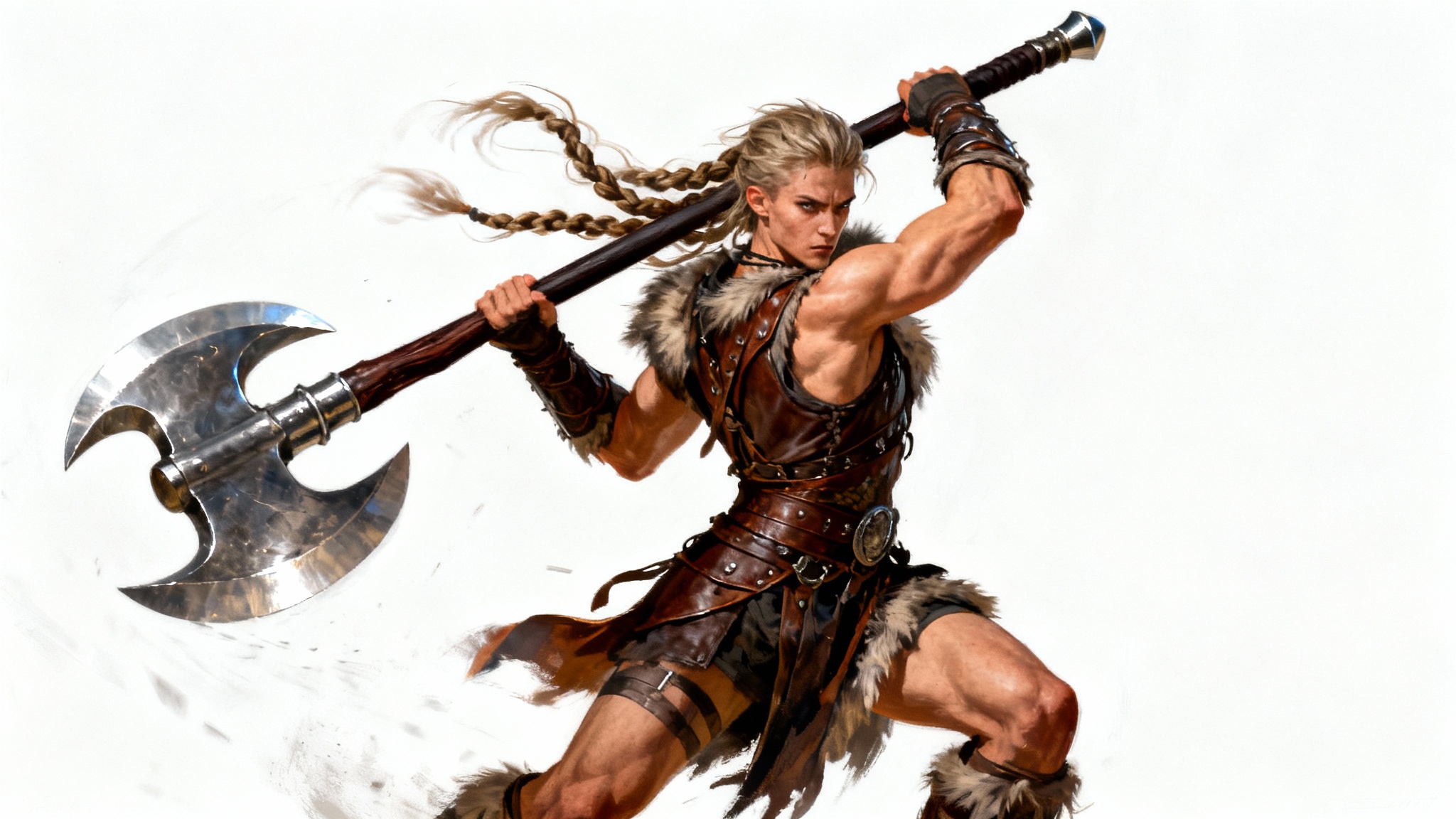 A digital illustration of a fantasy warrior in a dynamic pose, swinging a large battle axe against a plain white background, serving as an artistic reference.