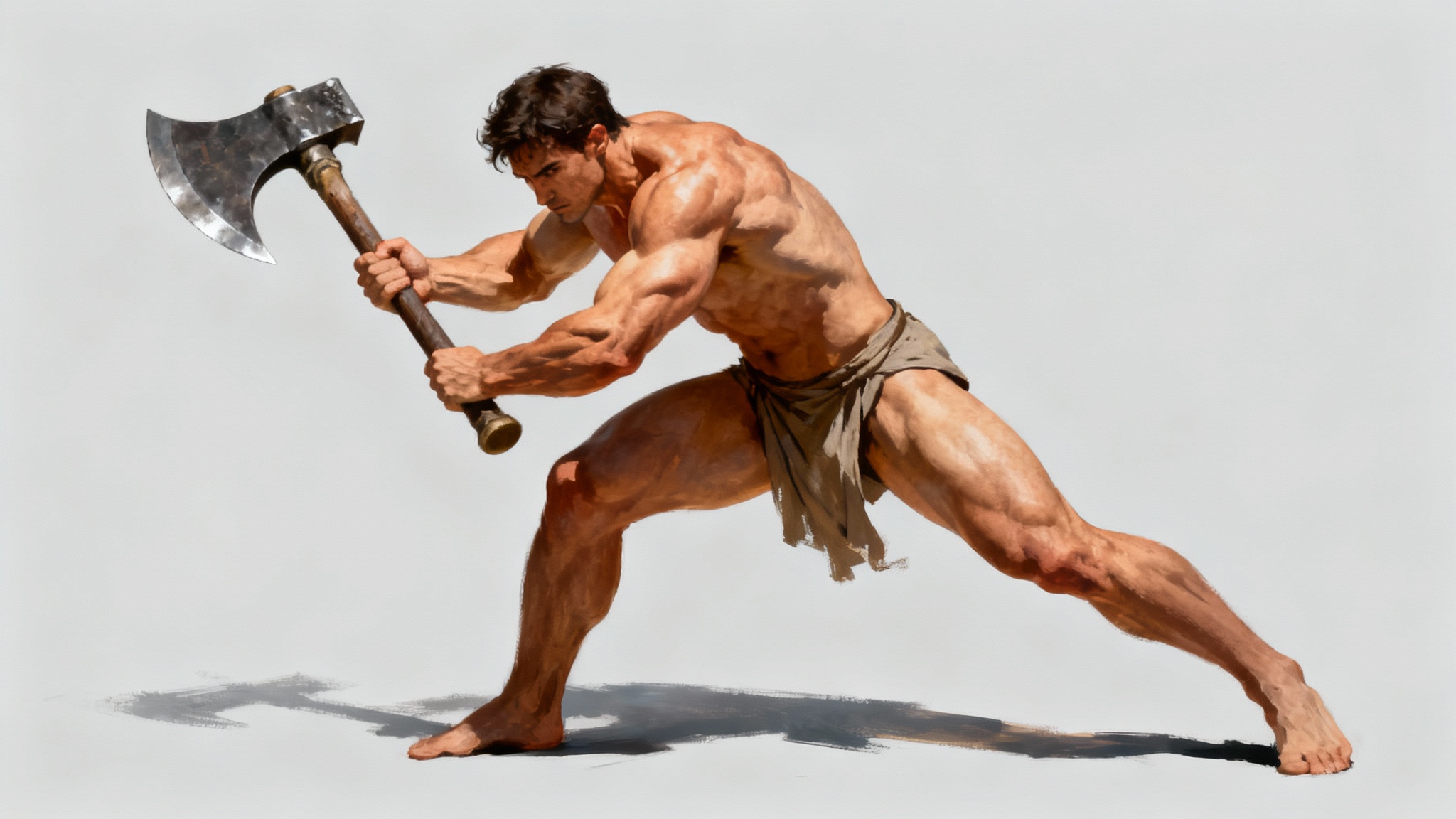 A hyper-realistic digital illustration of a muscular figure in a dynamic action pose, swinging a large battle axe, intended as an anatomical reference for artists, set against a plain grey background.